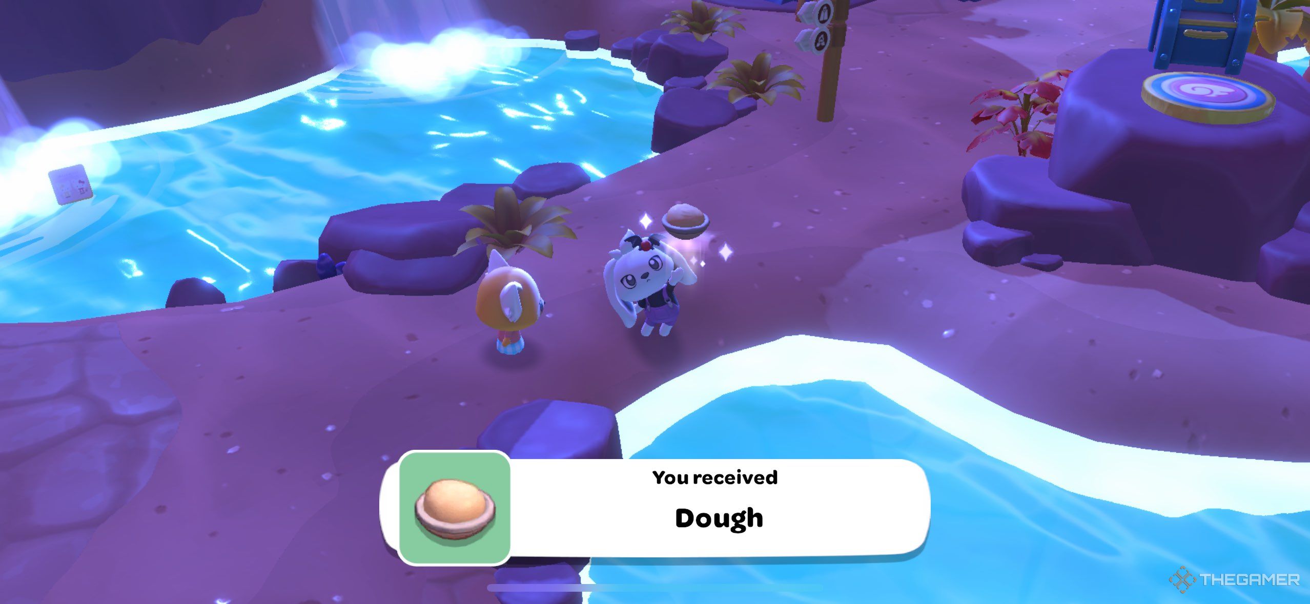 A player recieving dough from Retsuko in Hello Kitty Island Adventure.