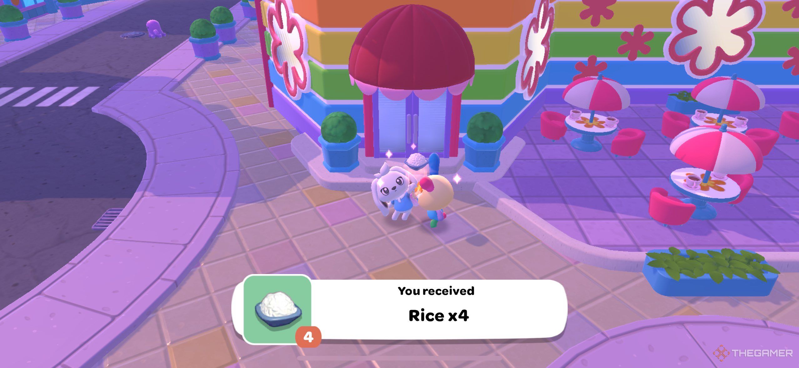 A player recieving rice in Hello Kitty Island Adventure.