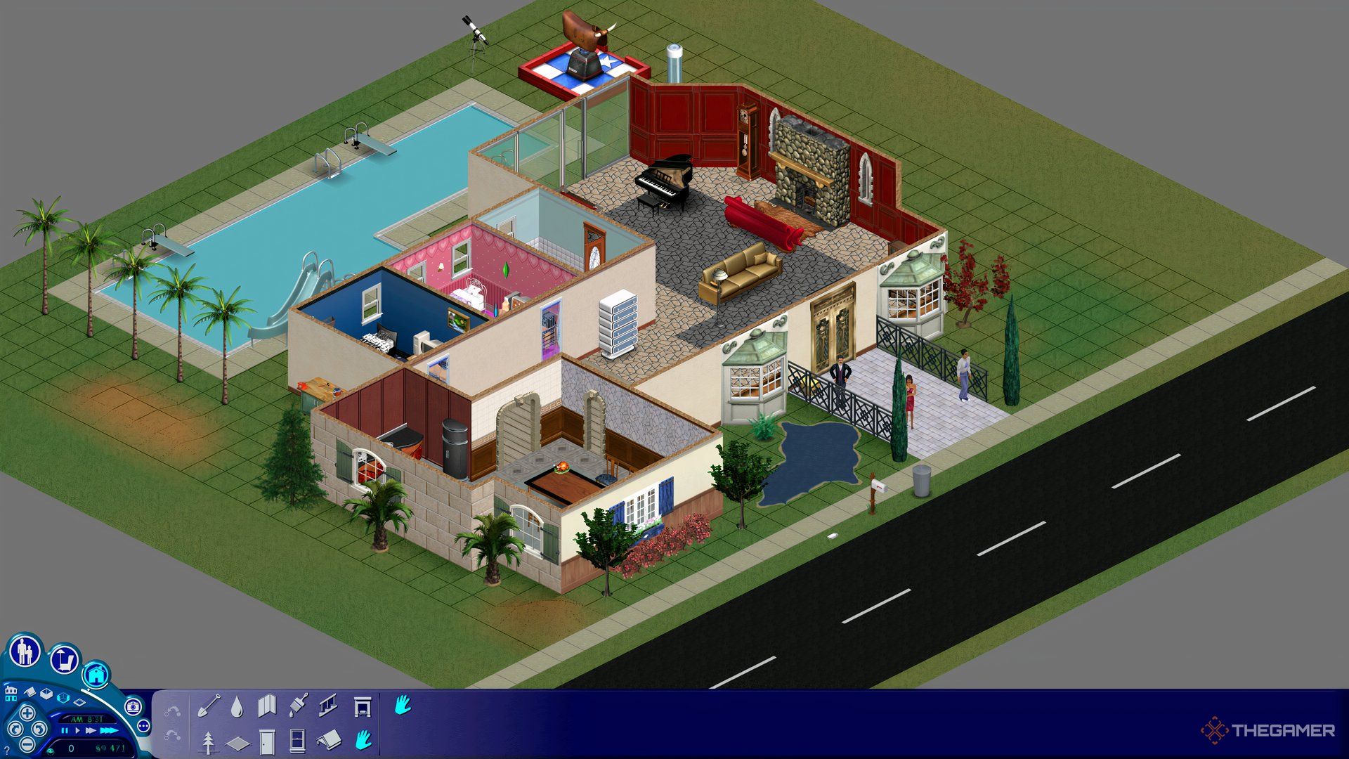 An image showing a built house in The Sims while in Build Mode.