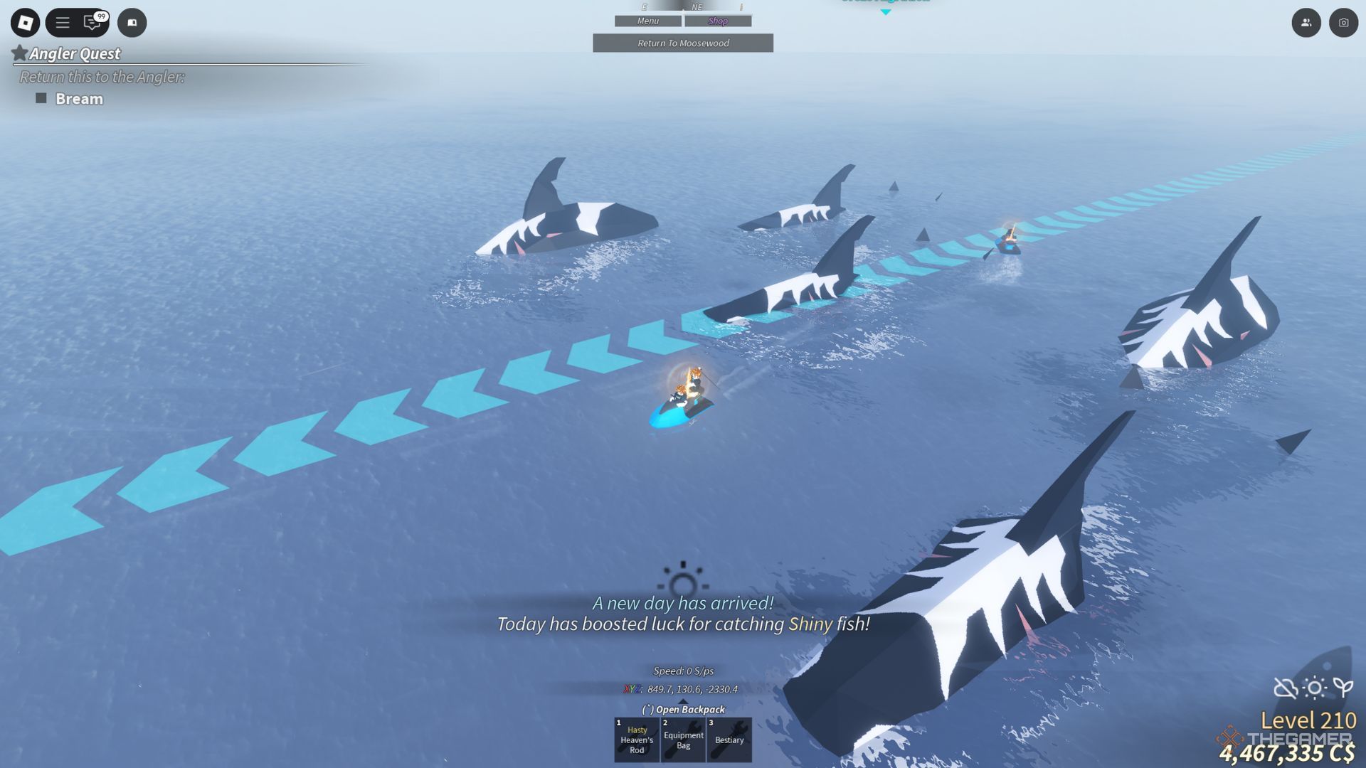 The player character shows Orcas in the middle of the ocean in Fisch.