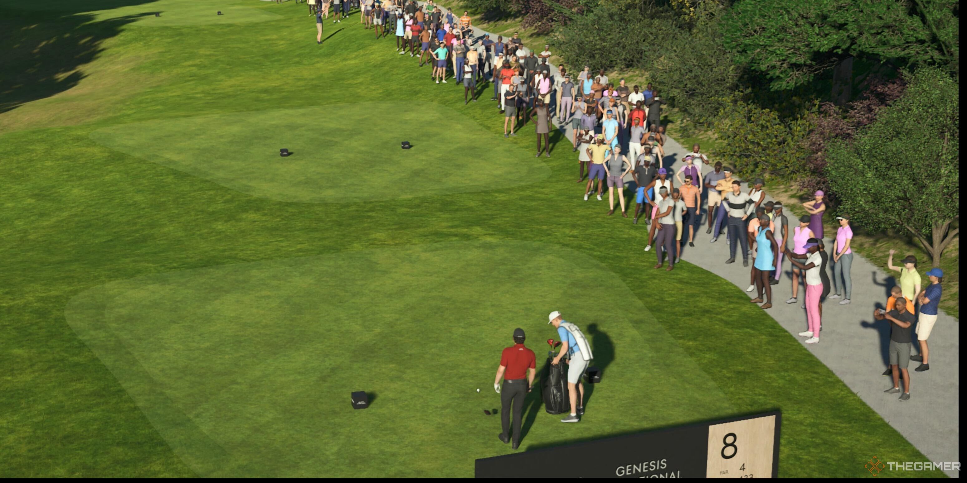 A golfer on the tee surrounded by spectators in PGA Tour 2K25.