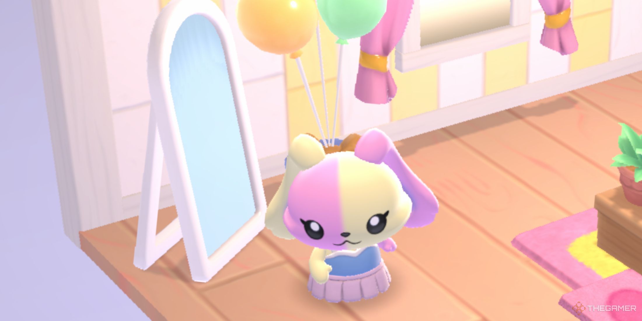 A photo of a Hello Kitty Island Adventure character standing next to a mirror.