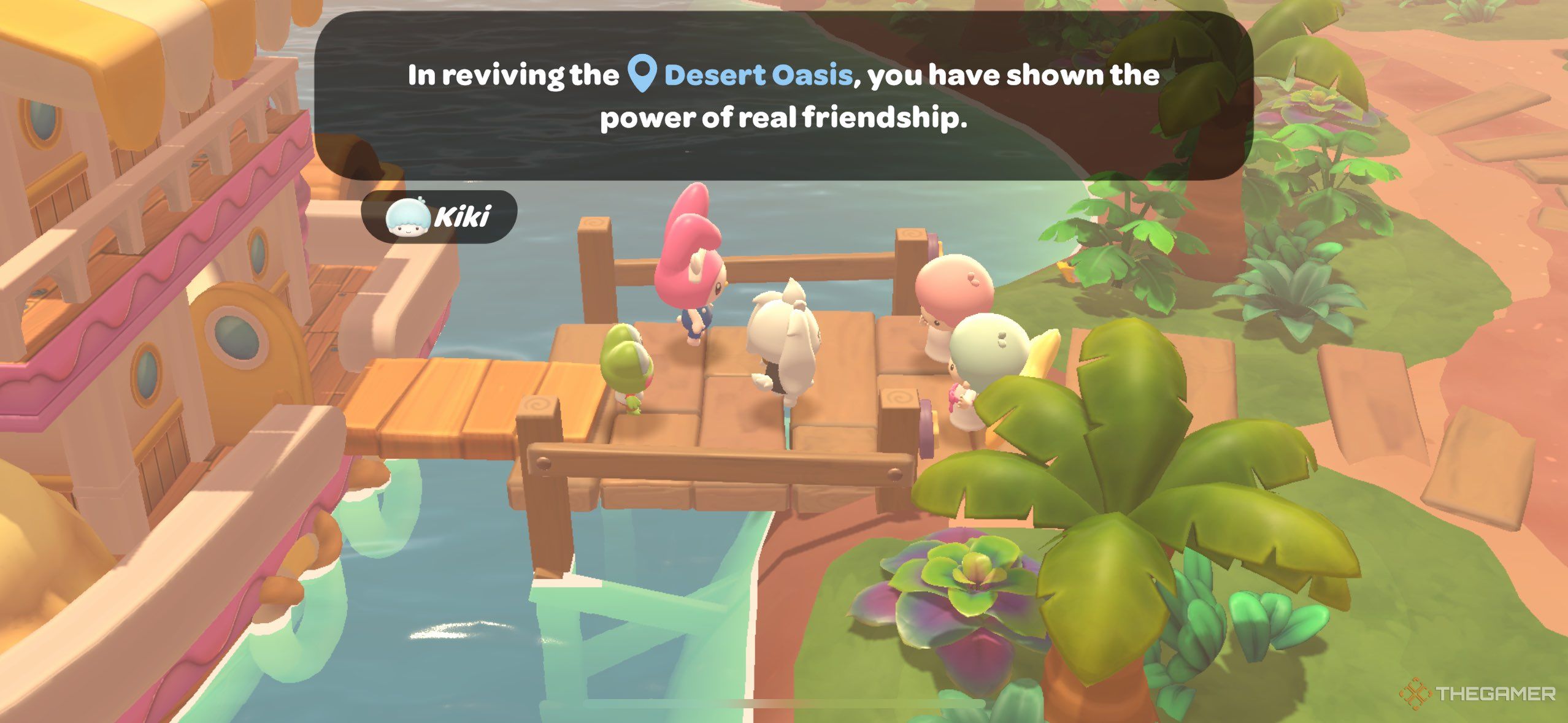 A player talking to Kiki and Lala after finishing Revive the Oasis in Hello Kitty Island Adventure.