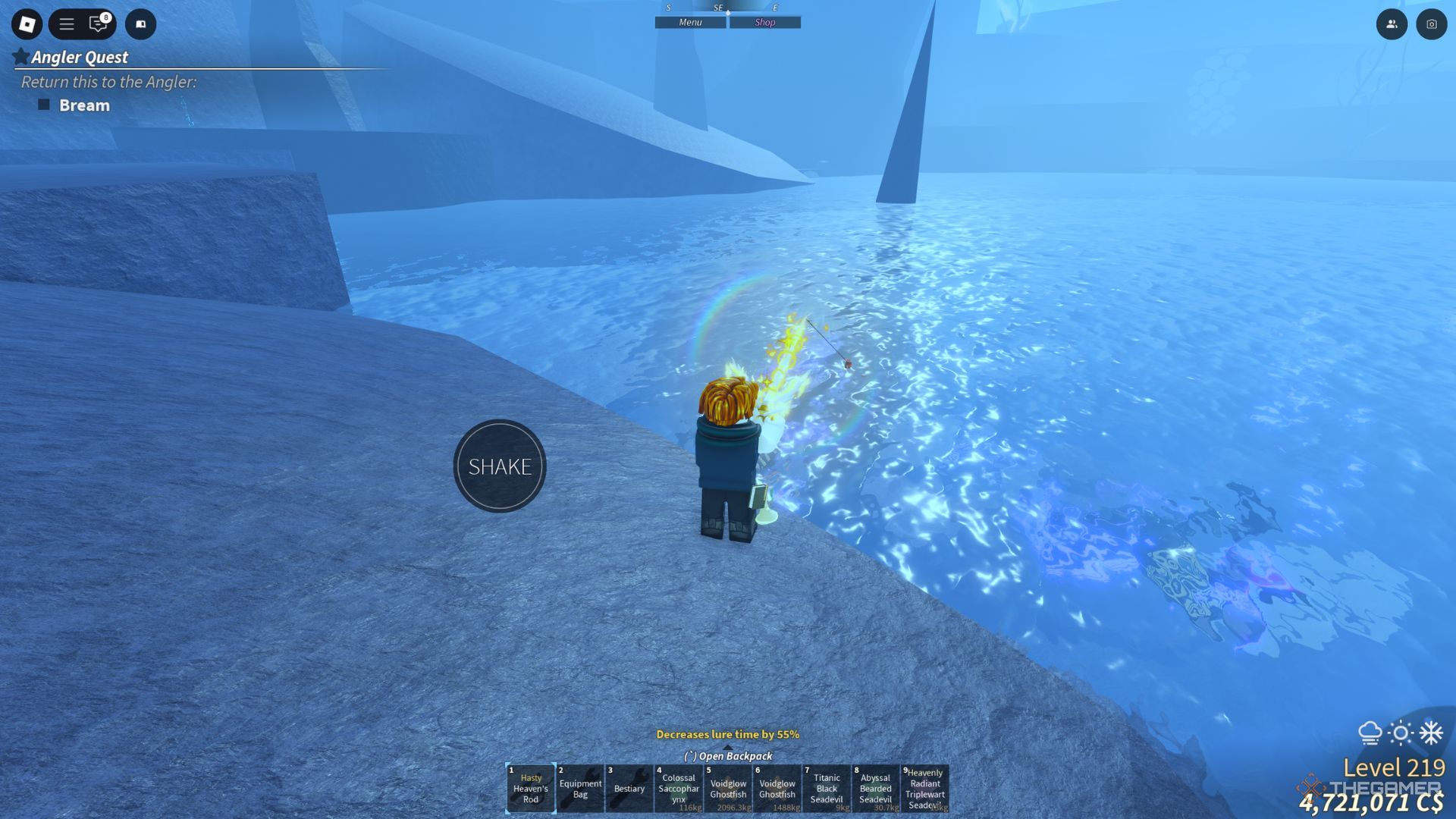 The player character is fishing in The Veil Of The Forsaken area in Fisch.