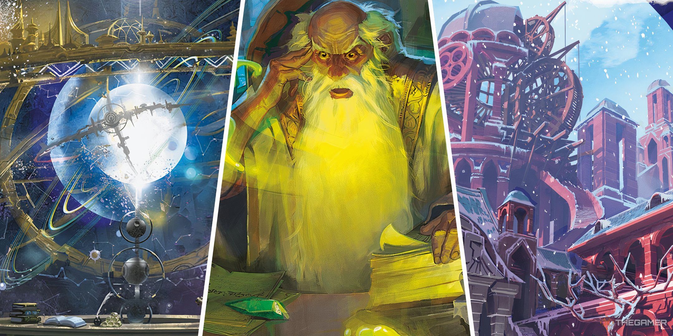 A wizard in a split image with two magical bastions in Dungeons & Dragons.