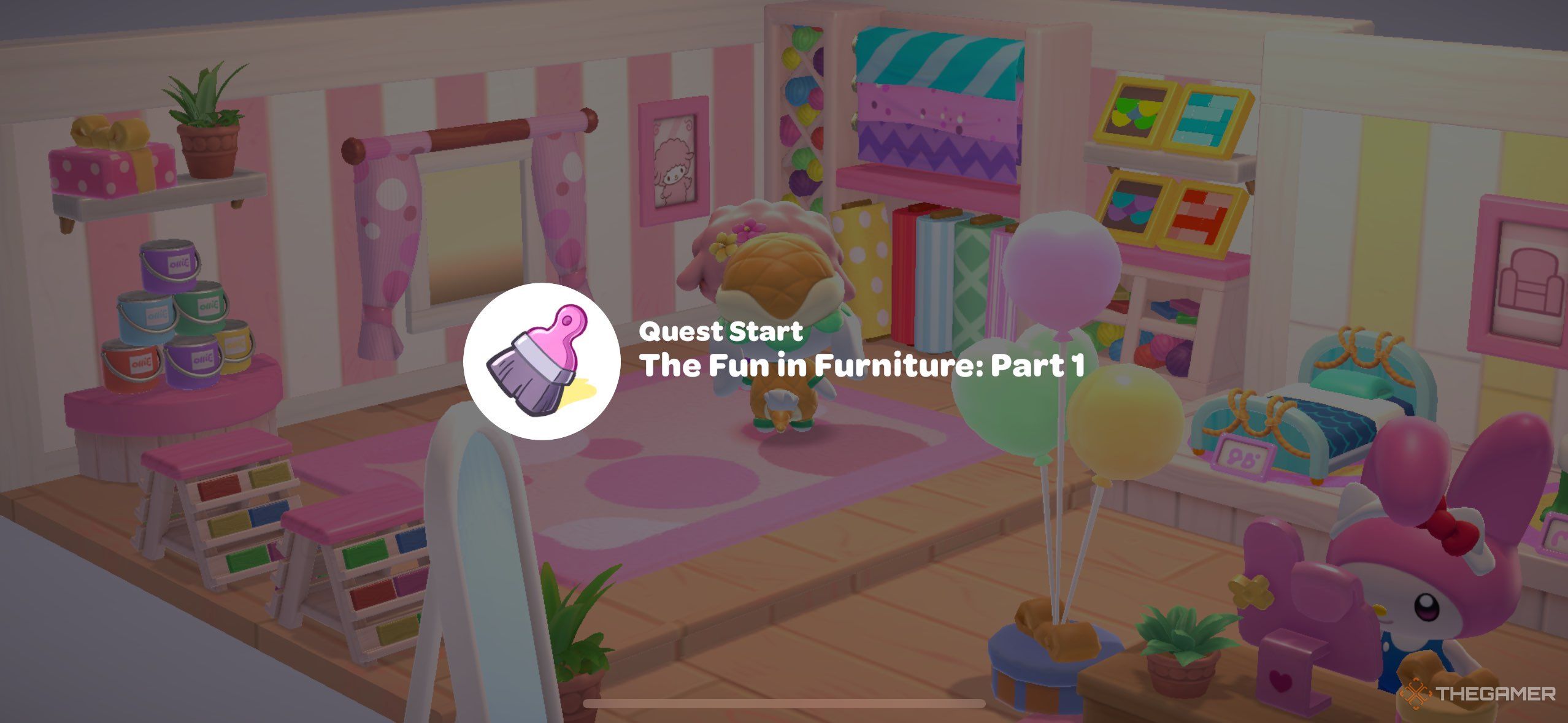 A player starting The Fun In Furniture Part 1 in Hello Kitty Island Adventure.