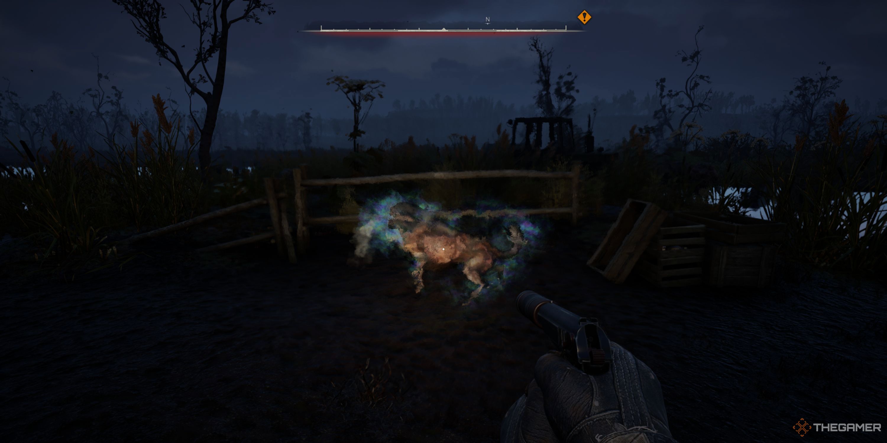 Player aiming a silenced pistol at a Psy Dog who is making copies of itself.