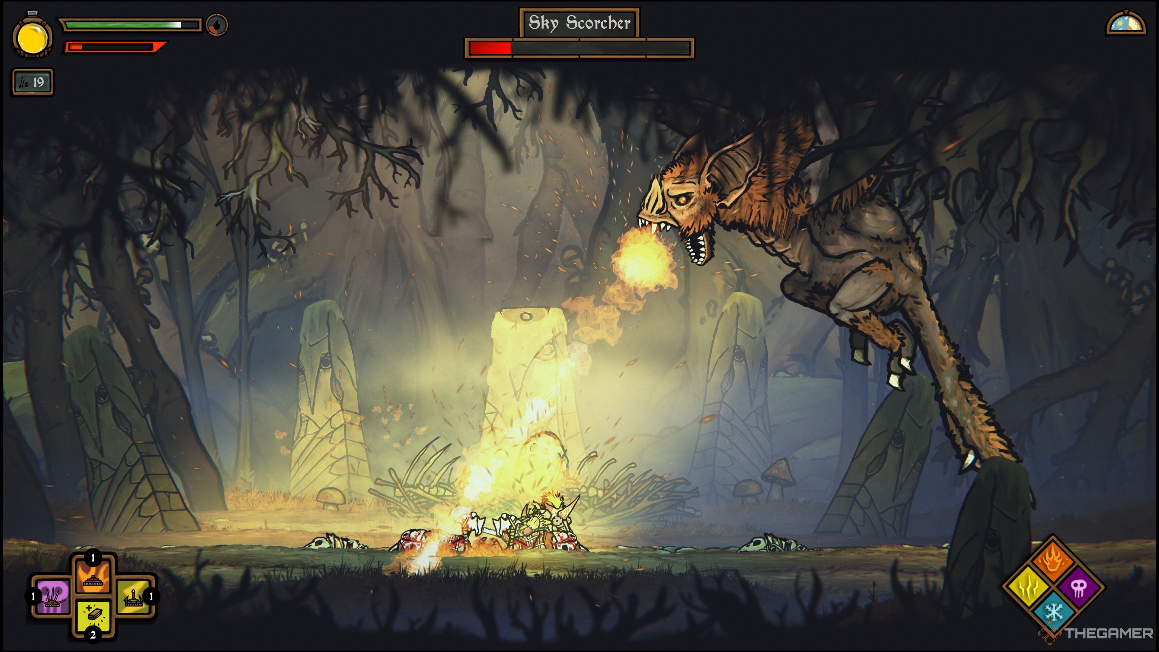 The Sky Scorcher uses its fire breath beam during The Forest in Tails Of Iron 2: Whiskers Of Winter.