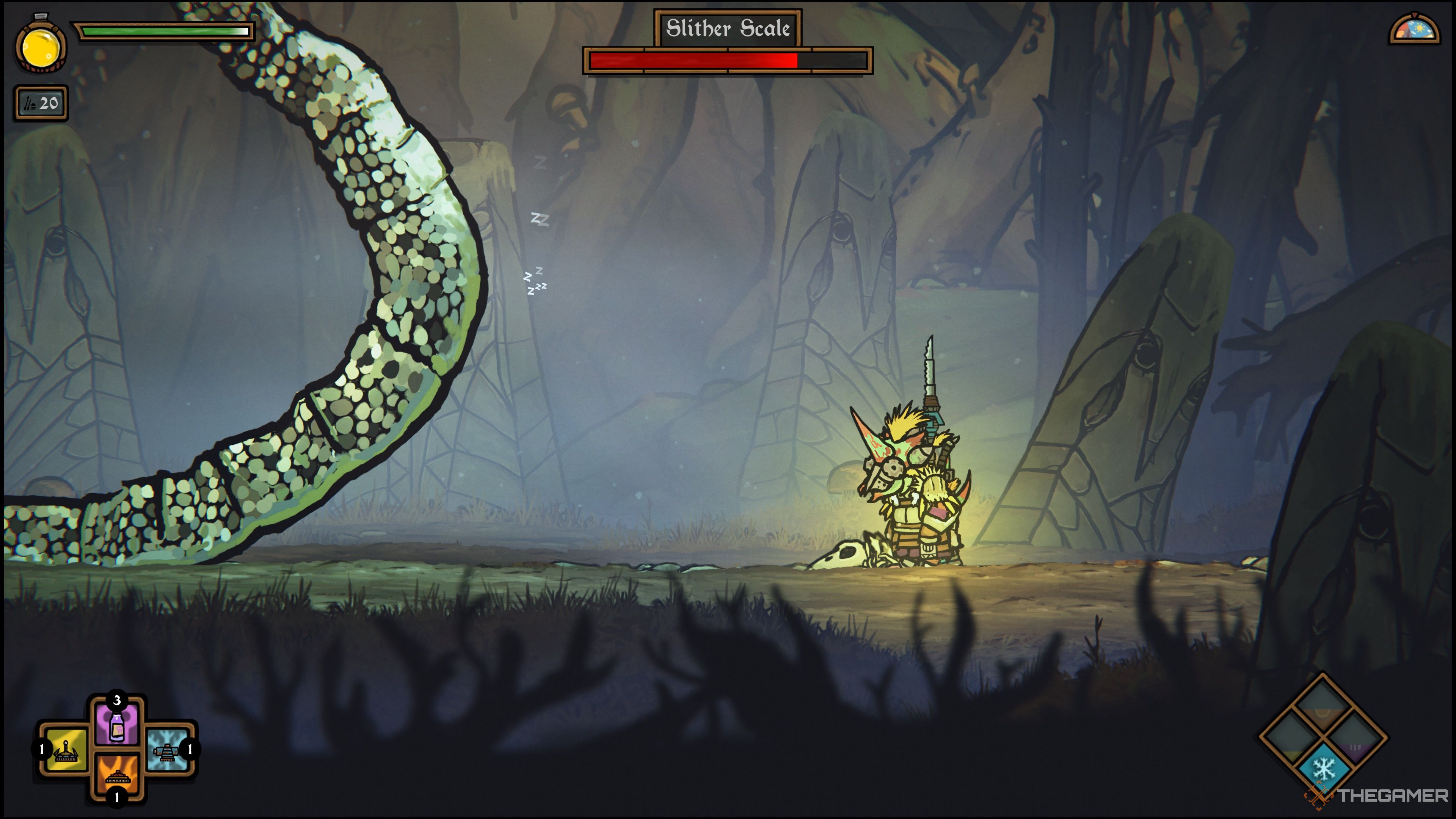 Arlo encounters the Slither Scale during Hunt The Slither Scale in Tails Of Iron 2: Whiskers Of Winter.