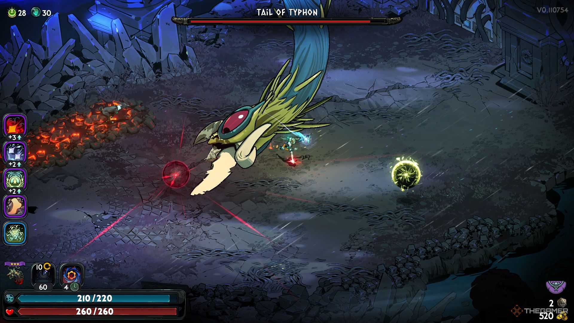 Melinoe dashes behind the charging Tail of Typhon in Hades 2.