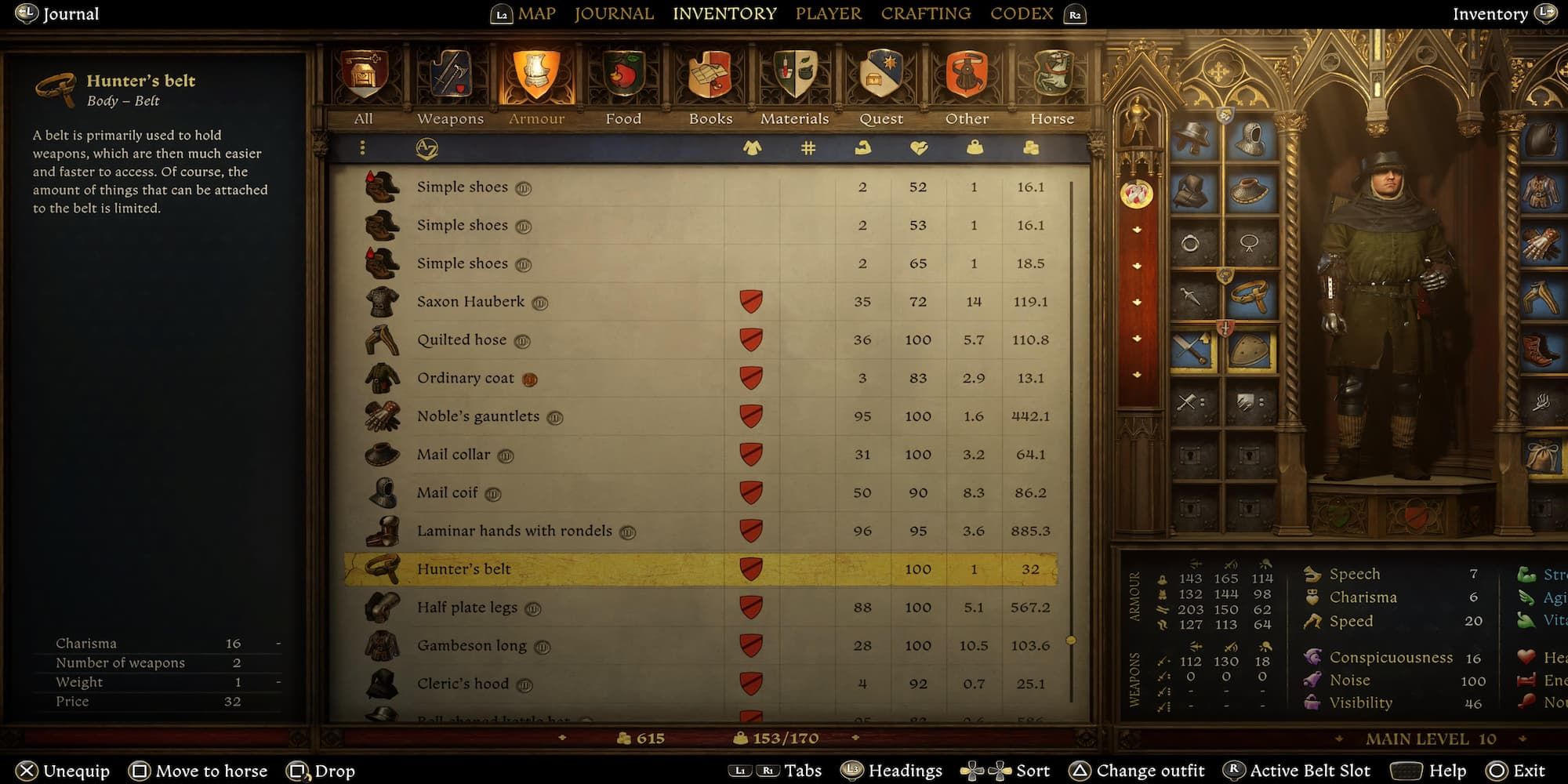 The Player Examining A Hunter's Belt In The Menu 