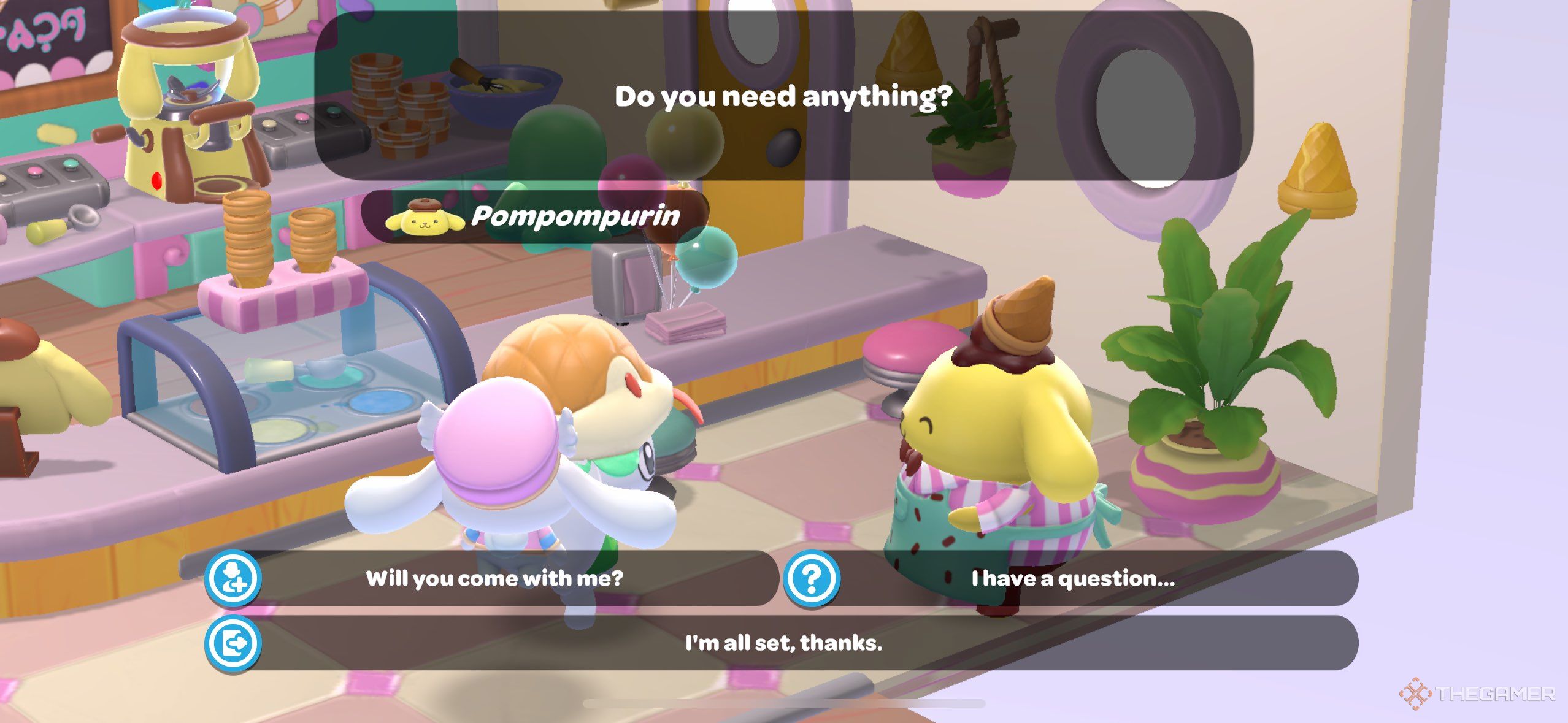 A player talking to Pompompurin in Hello Kitty Island Adventure.