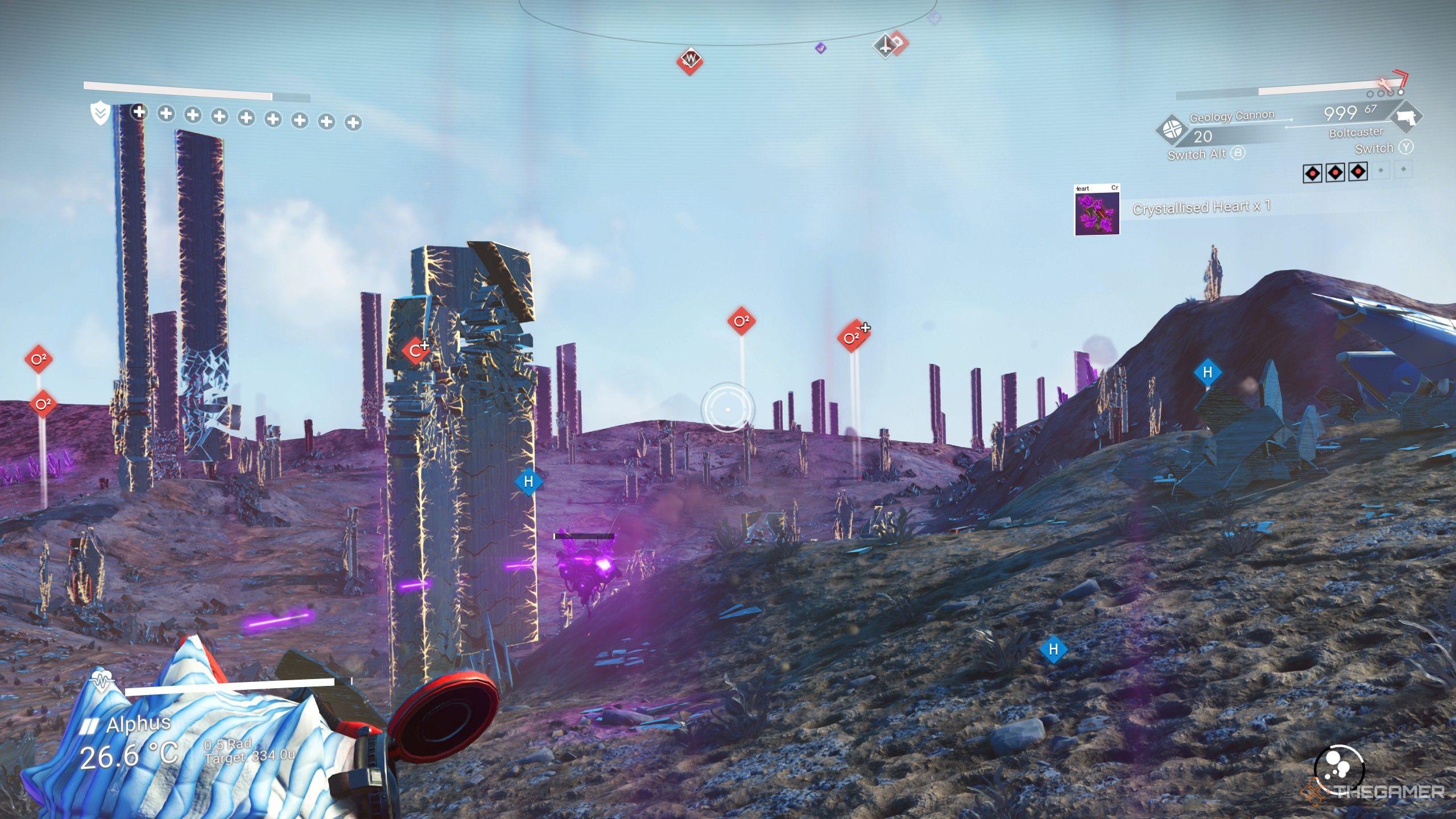 A Traveler obtaining a Crystallised Heart in No Man's Sky.