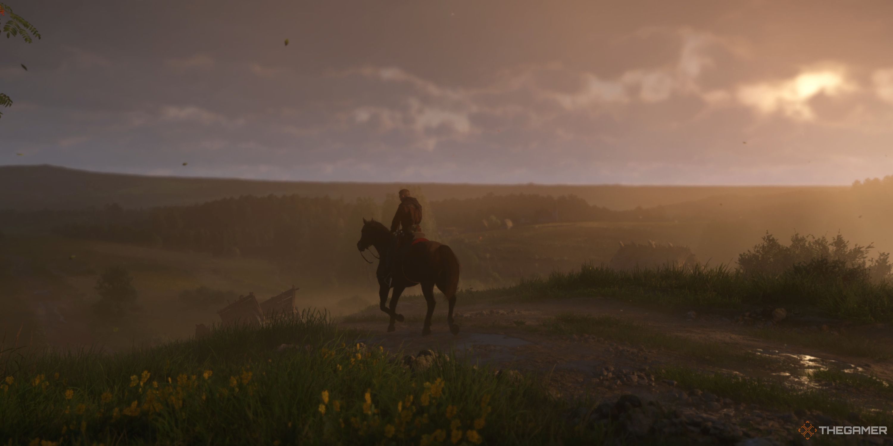 Henry riding his horse in an open field.