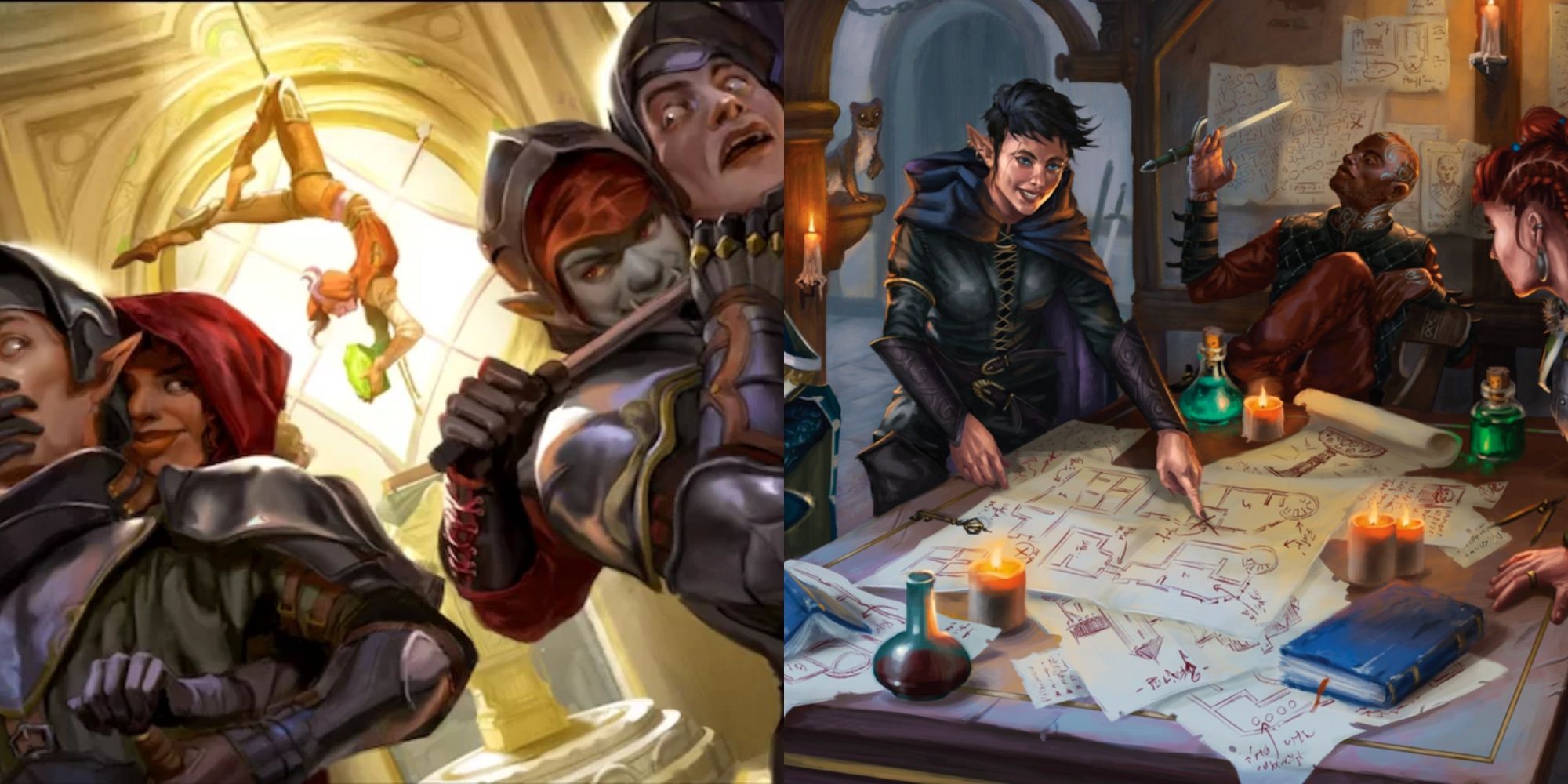 split image showing D&D characters planning and executing a heist