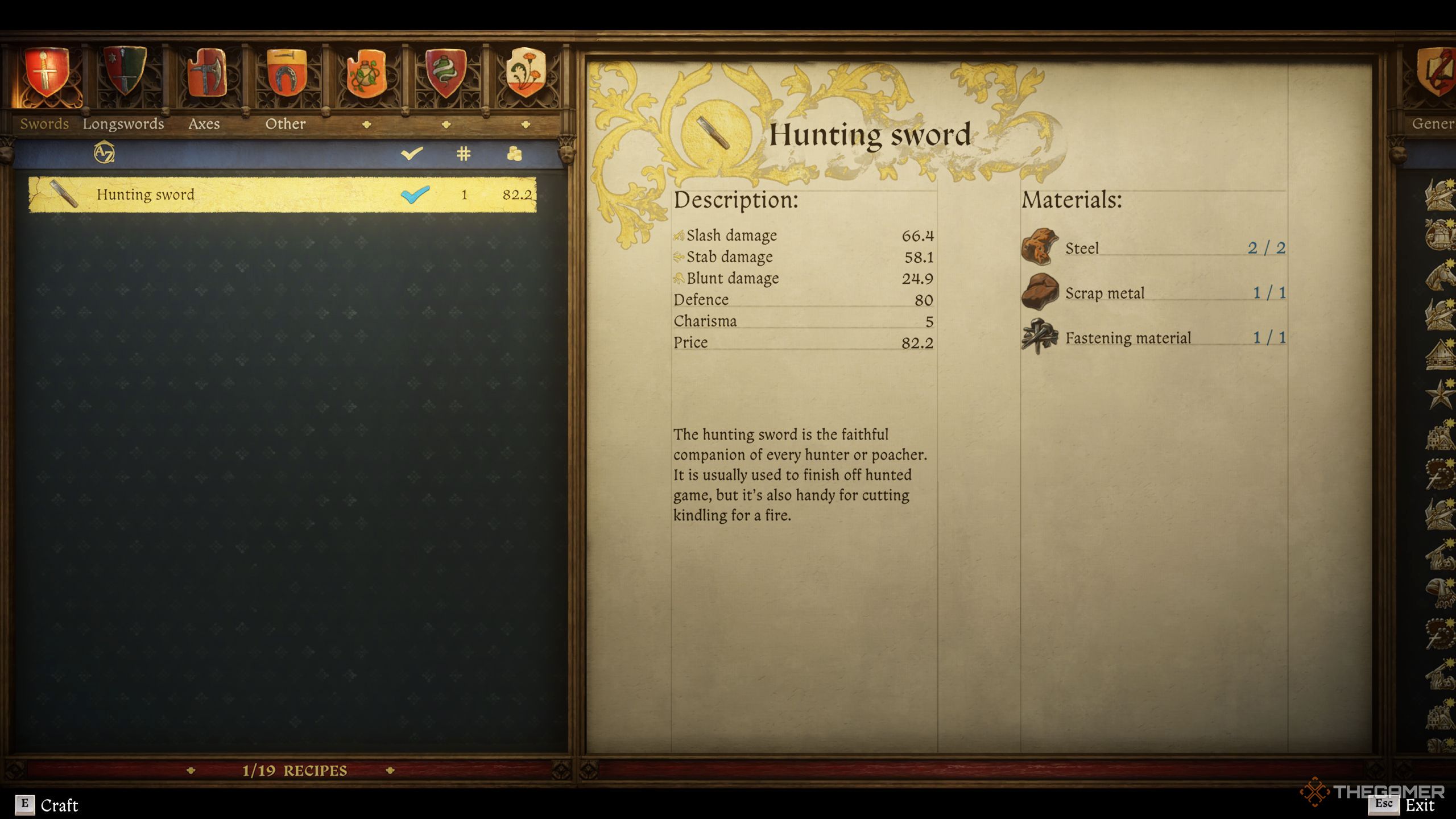 Overview of the description and materials required to forge a Hunting Sword.