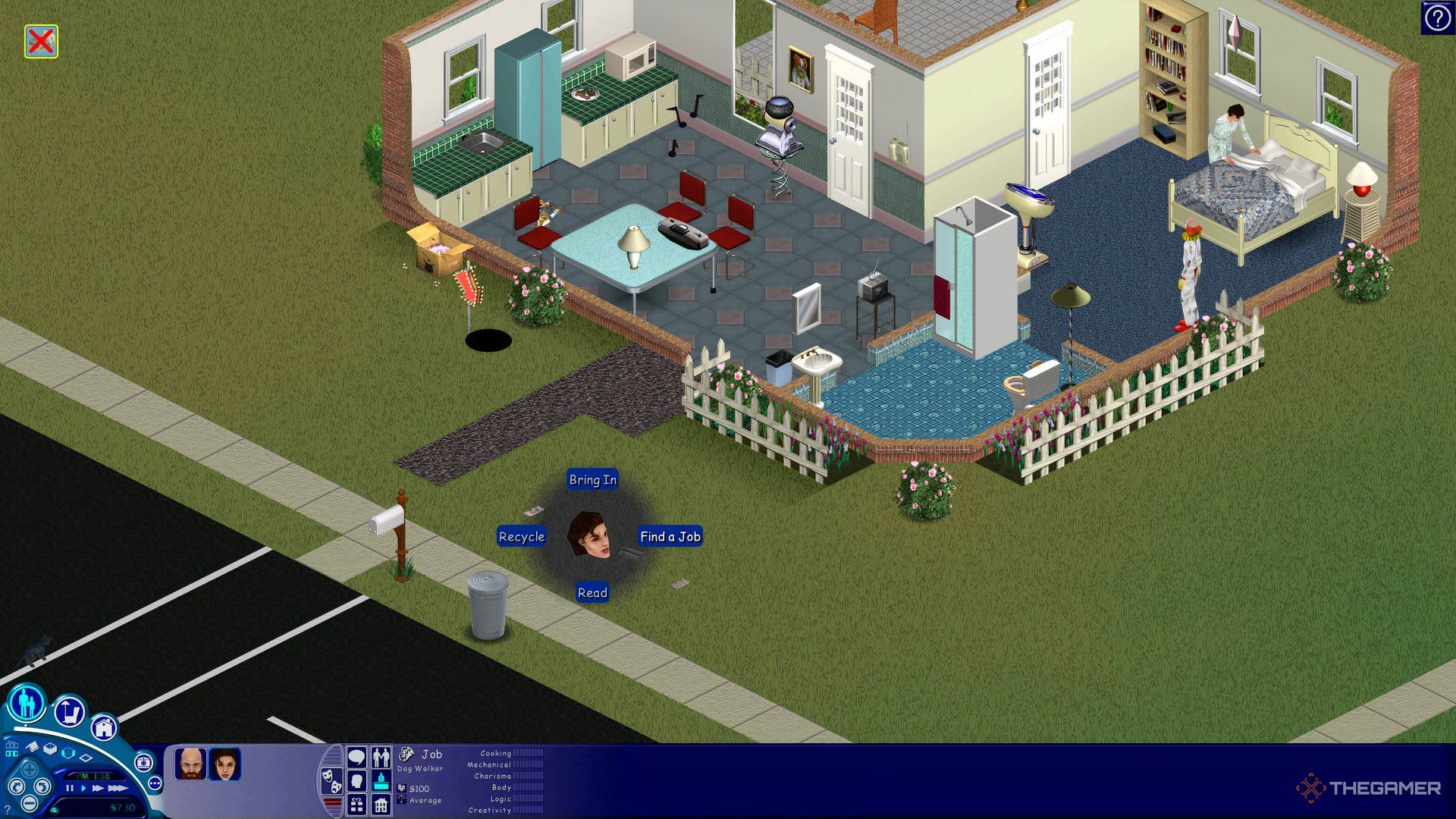 Image showing a female Sim head, looking at Find Job dialogue box. These is a clown and a woman making bed.