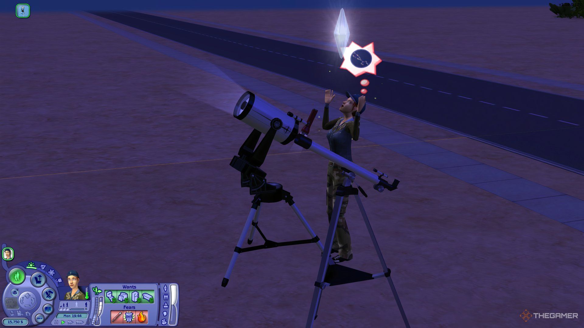 A Sim in The Sims 2 failing to summon aliens through a telescope and shouting at the sky.