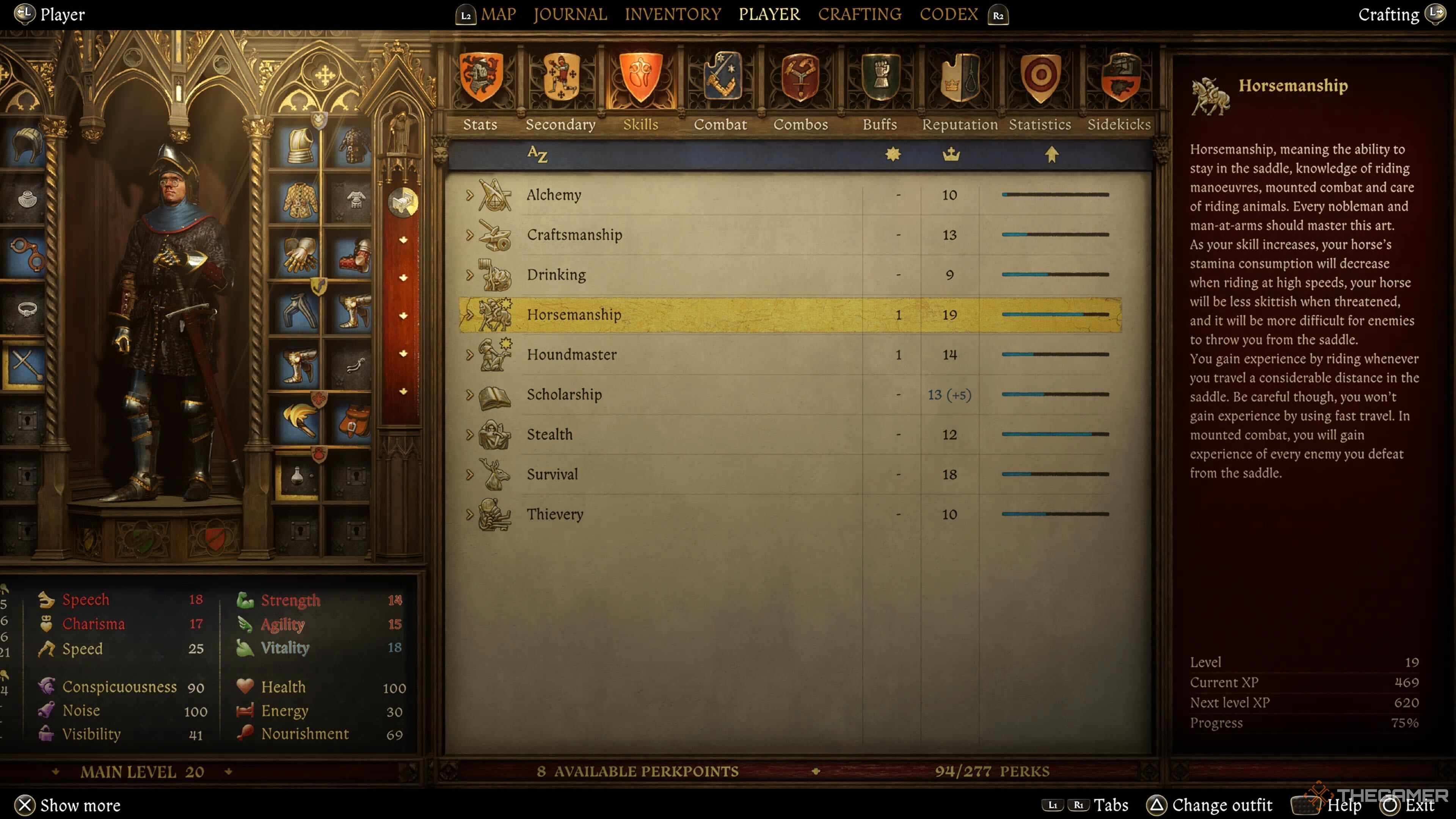 The stats screen in Kingdom Come: Deliverance 2.