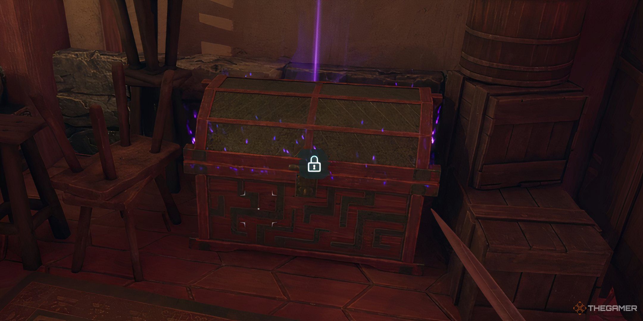 Avowed showing a purple rarity locked chest in a random hidden area.