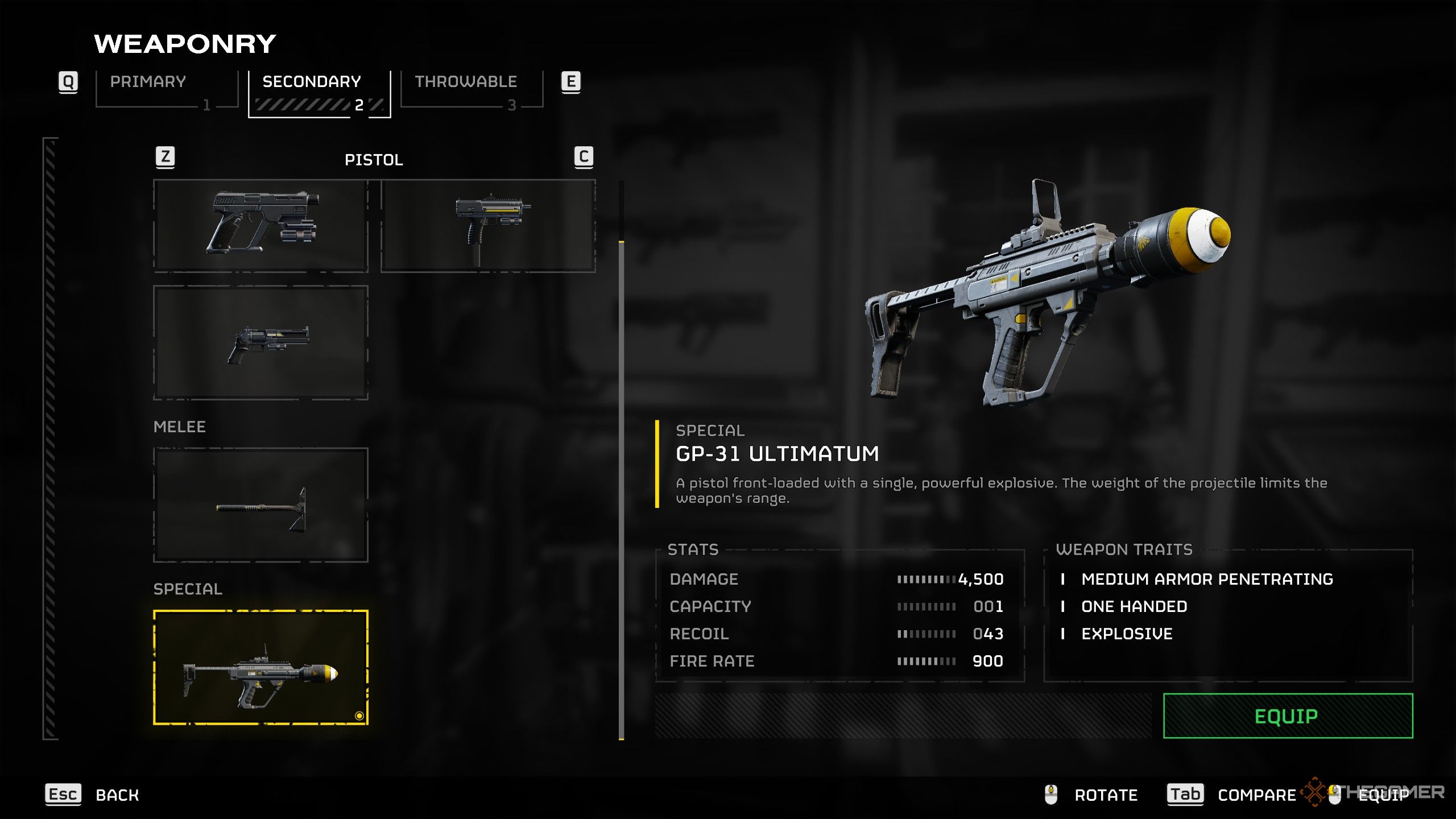 The GP-31 Ultimatum in the Weaponry tab, displaying its stats in Helldivers 2.