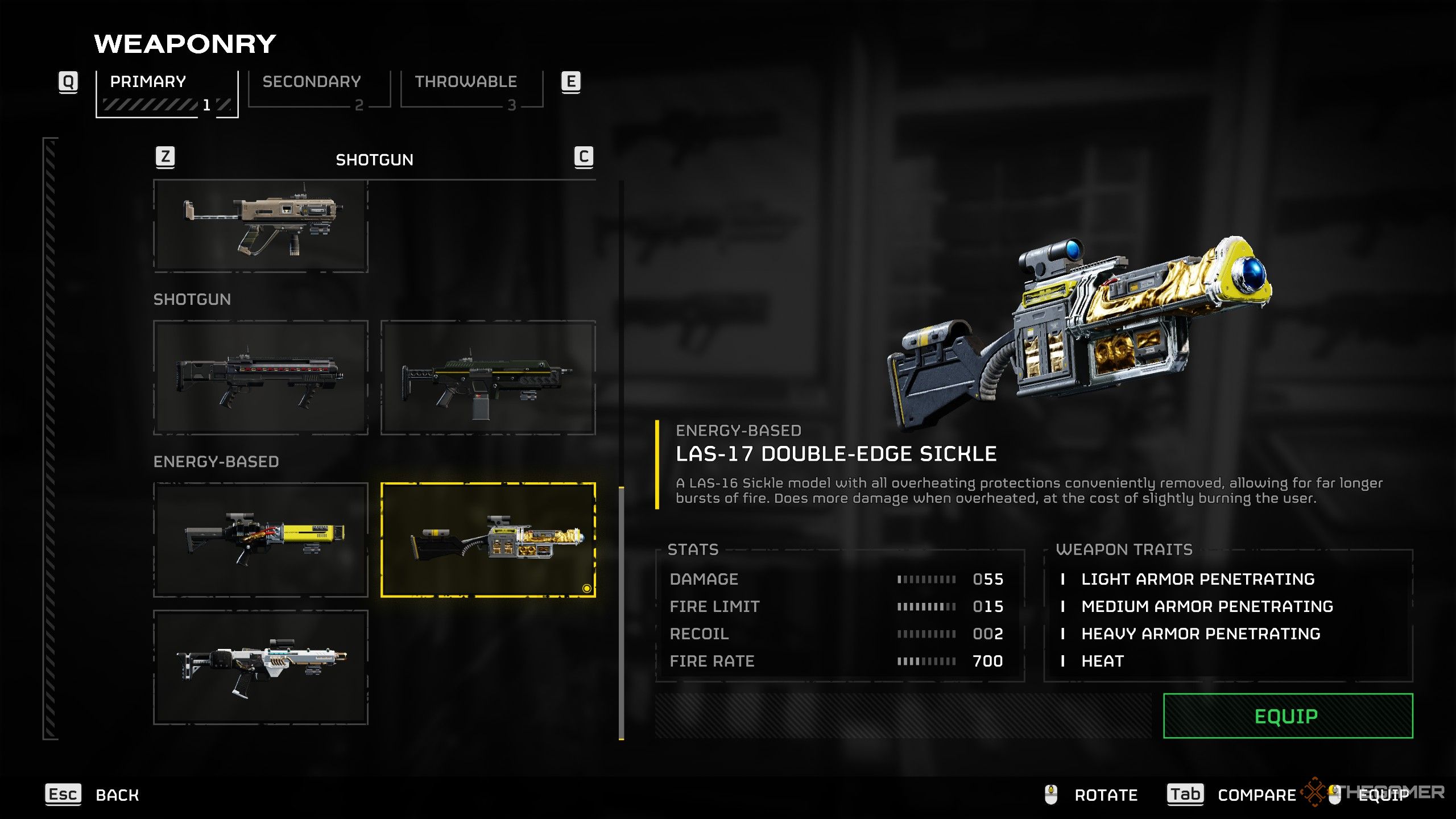 The LAS-17 Double-Edge Sickle in the Weaponry menu in Helldivers 2.