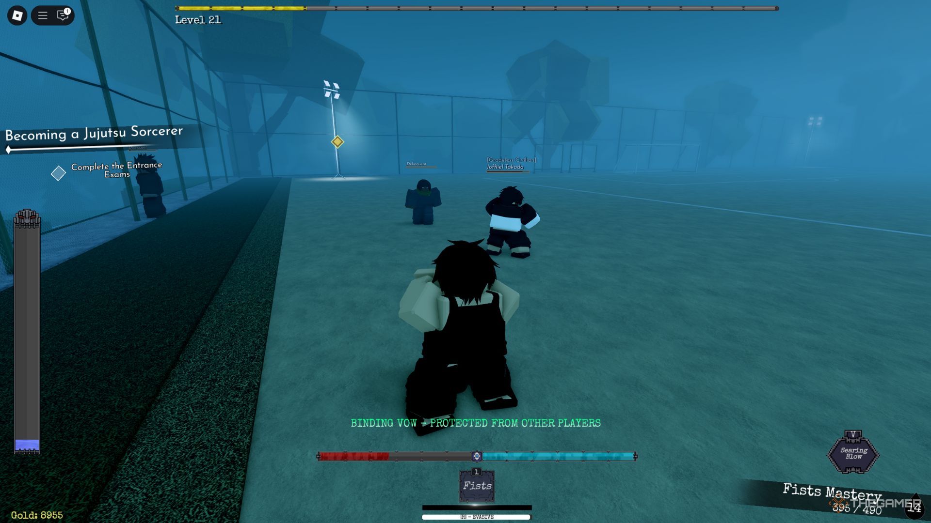 The player character is fighting enemies near the spawn point in Jujutsu Odyssey.