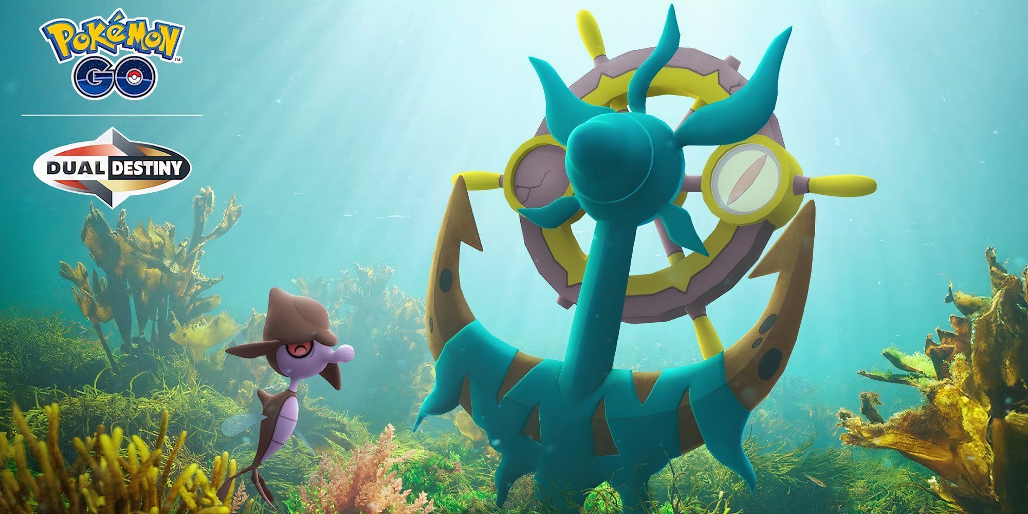 Image of Skrelp and Dhelmise from Pokemon next to each other under water.