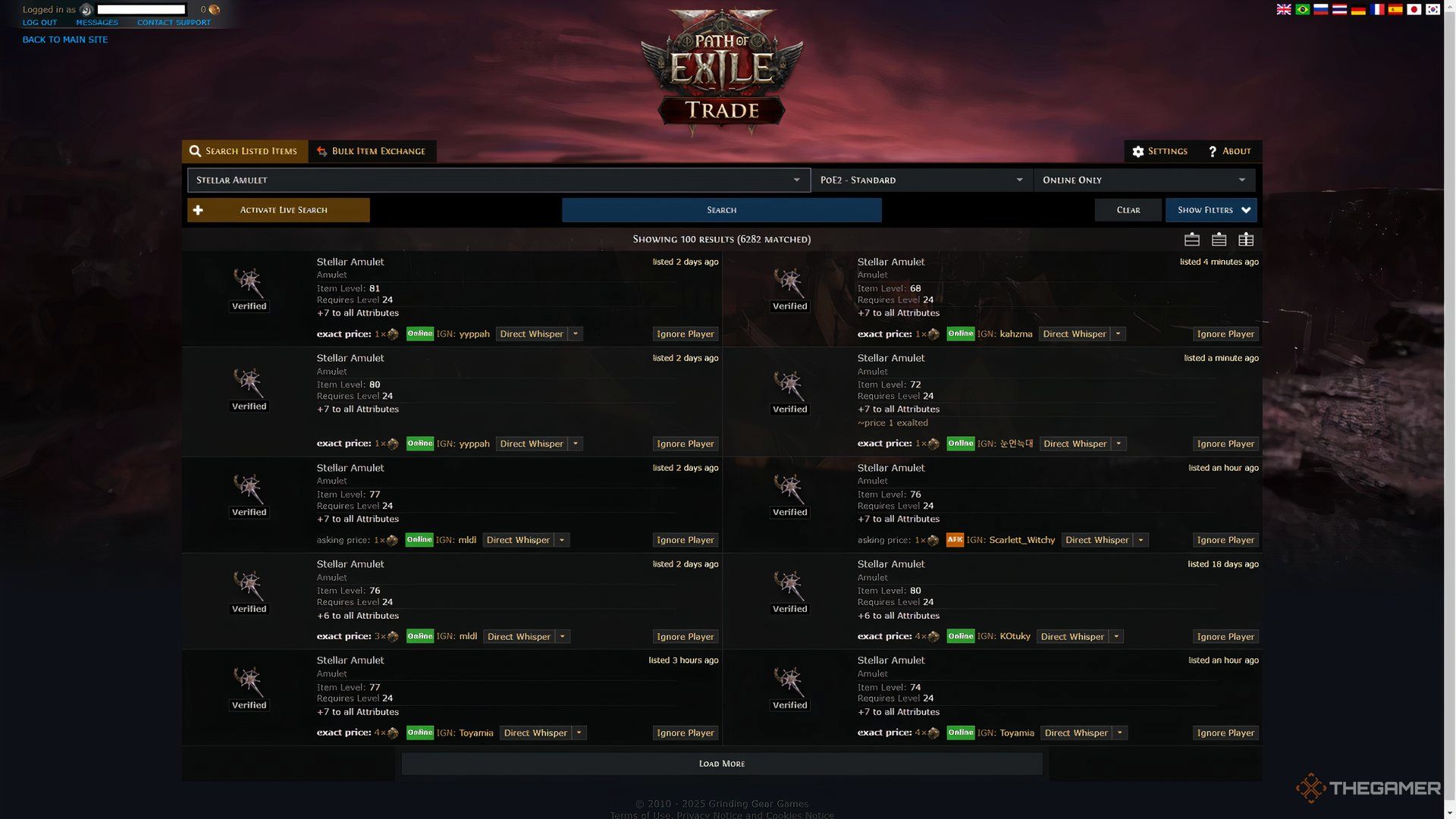 Player using the official Trade Website to buy Stellar Amulets (Normal) to gamble in Path of Exile 2.