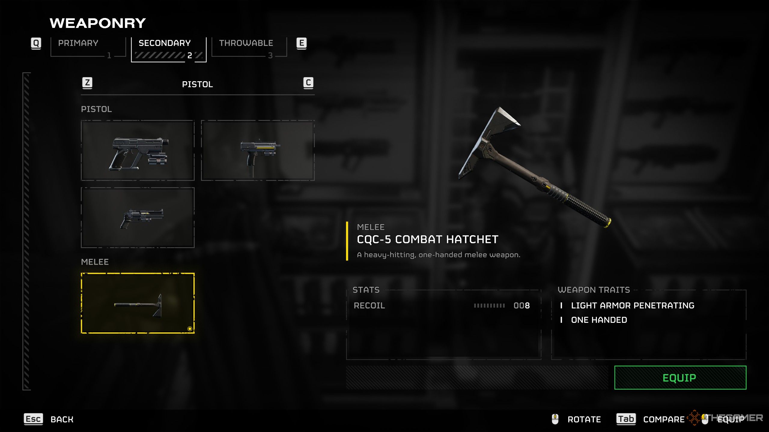 The combat hatchet in the weaponry menu in Helldivers 2.