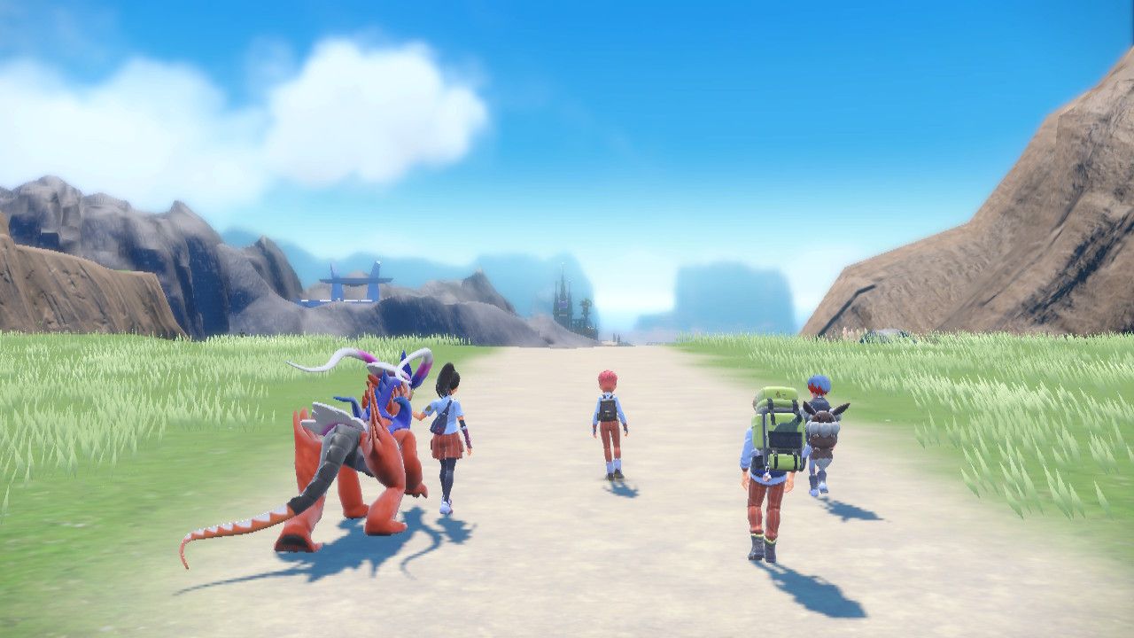 The Main Character walks with Nemona, Miraidon, Penny, and Arven at the end of Scarlet and Violet.