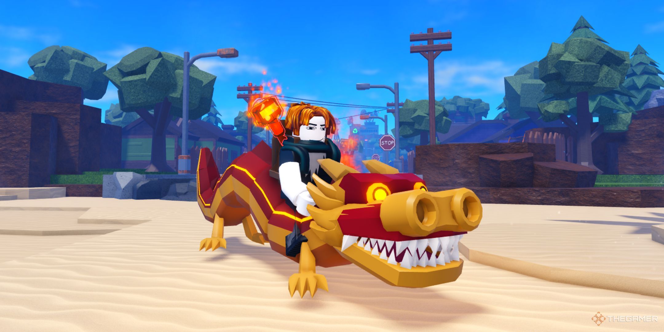 The player character sits on a Dragon mount while smiling in the Nookville region in Dig It.