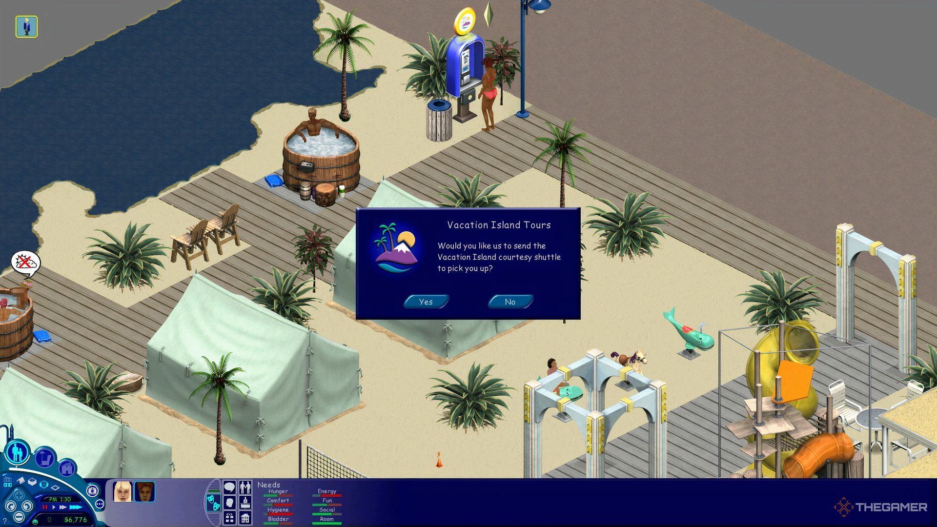 A Sim on the beach on Vacation Island, speaking on the phone at the taxi rank.