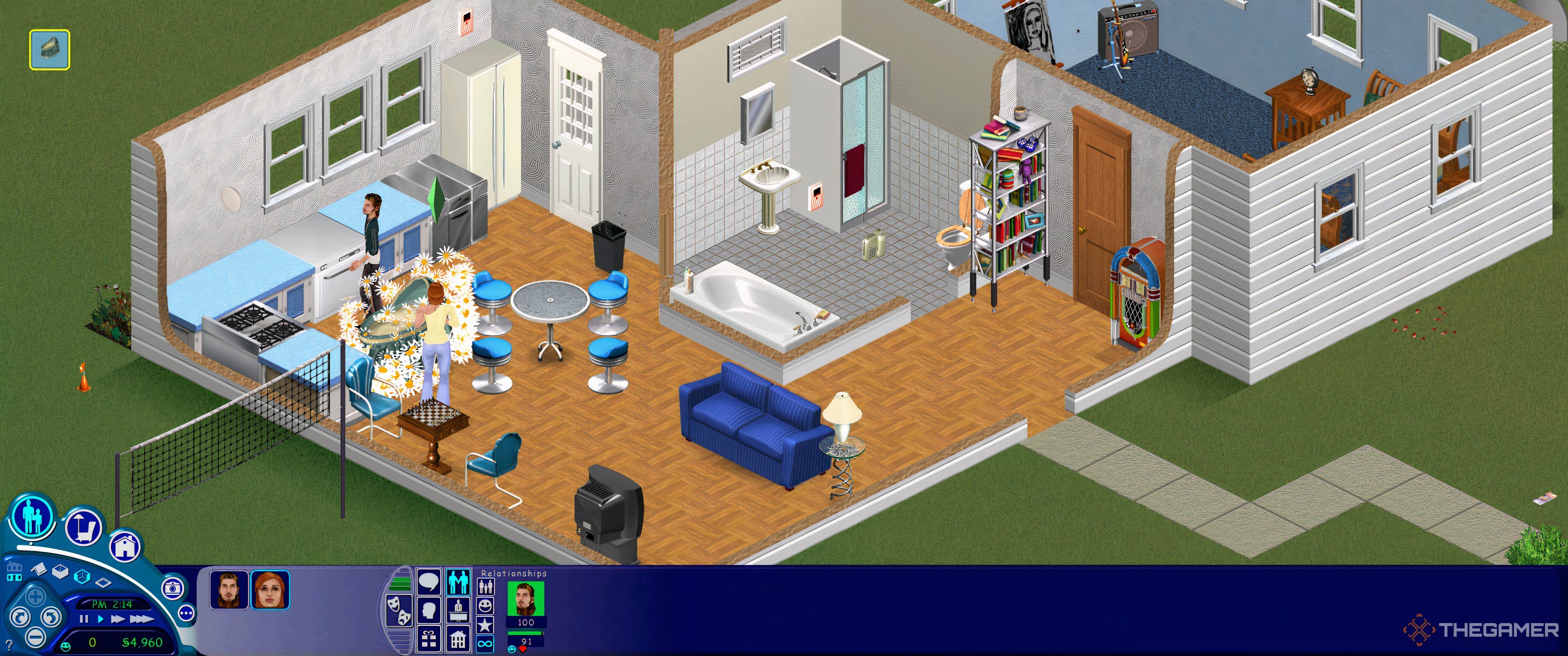 A baby arriving surrounded by flowers in The Sims 1.