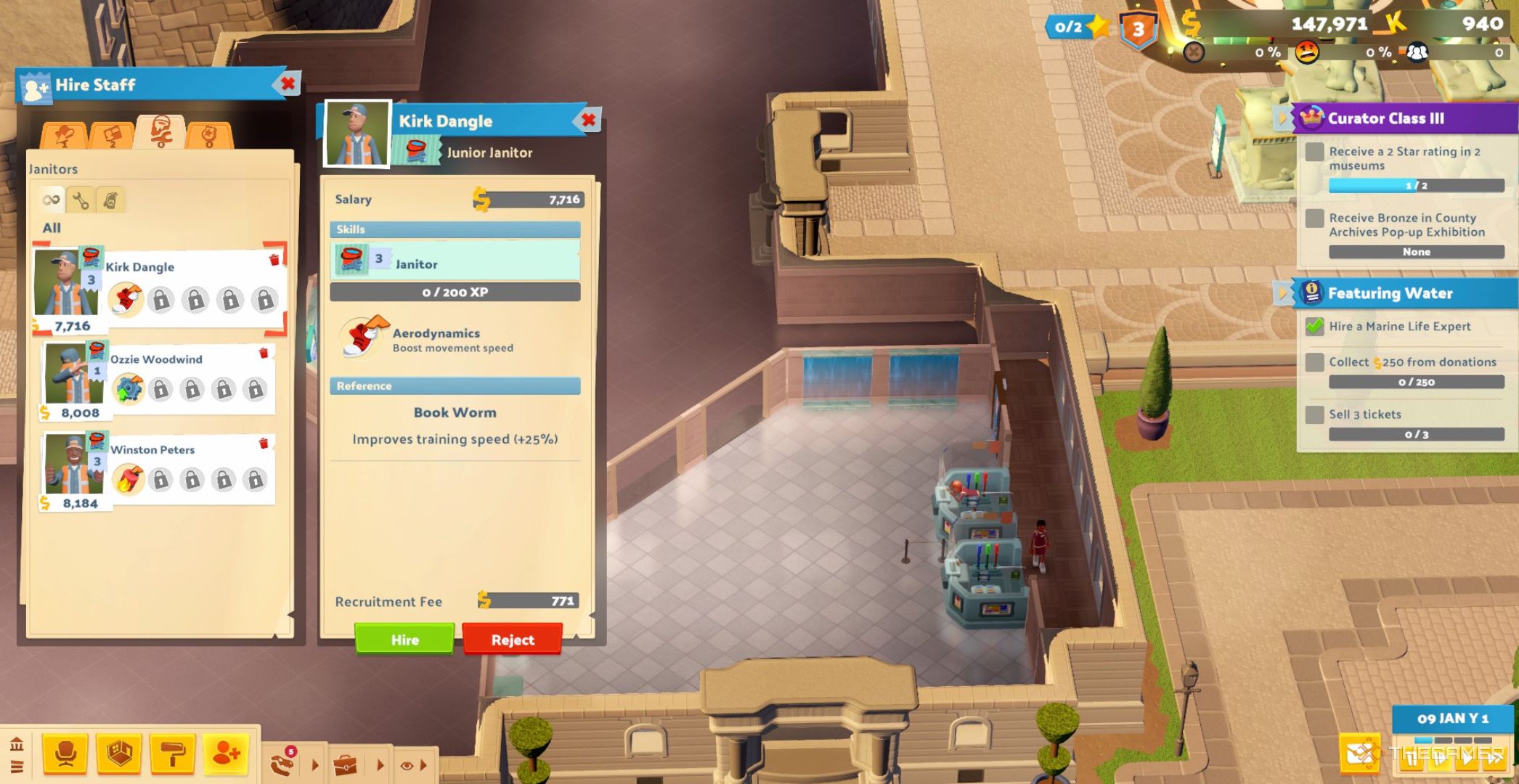 List of three different Janitors available for hire on the right side of the screen with the museum behind in Two Point Museum.