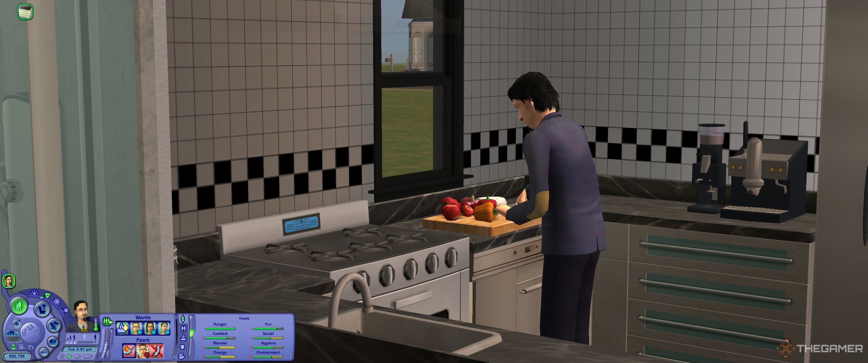 A sim preparing food in his kitchen.