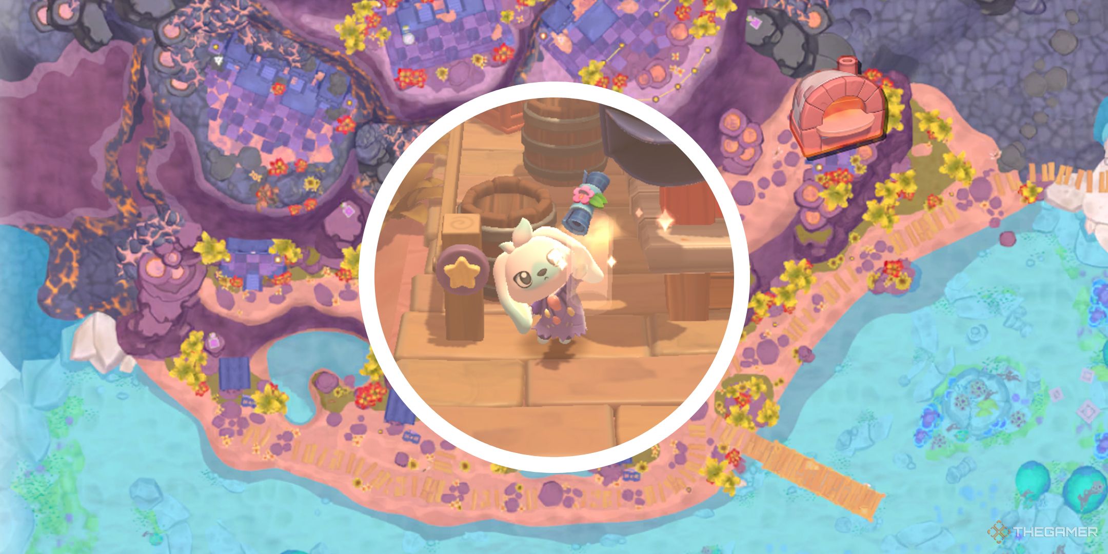 A map of Mount Hothead with a circle PNG showing a player holding up crafting plans.