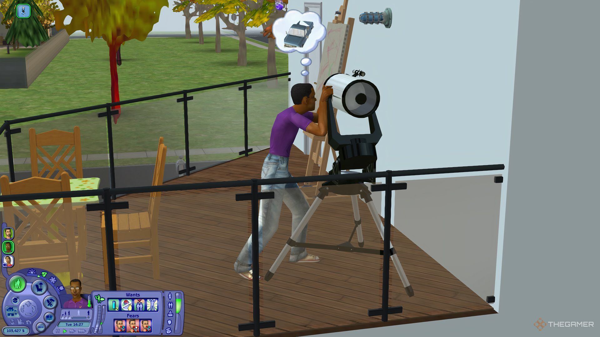 A Sim in The Sims 2 using a telescope to look around Pleasantview on a balcony.