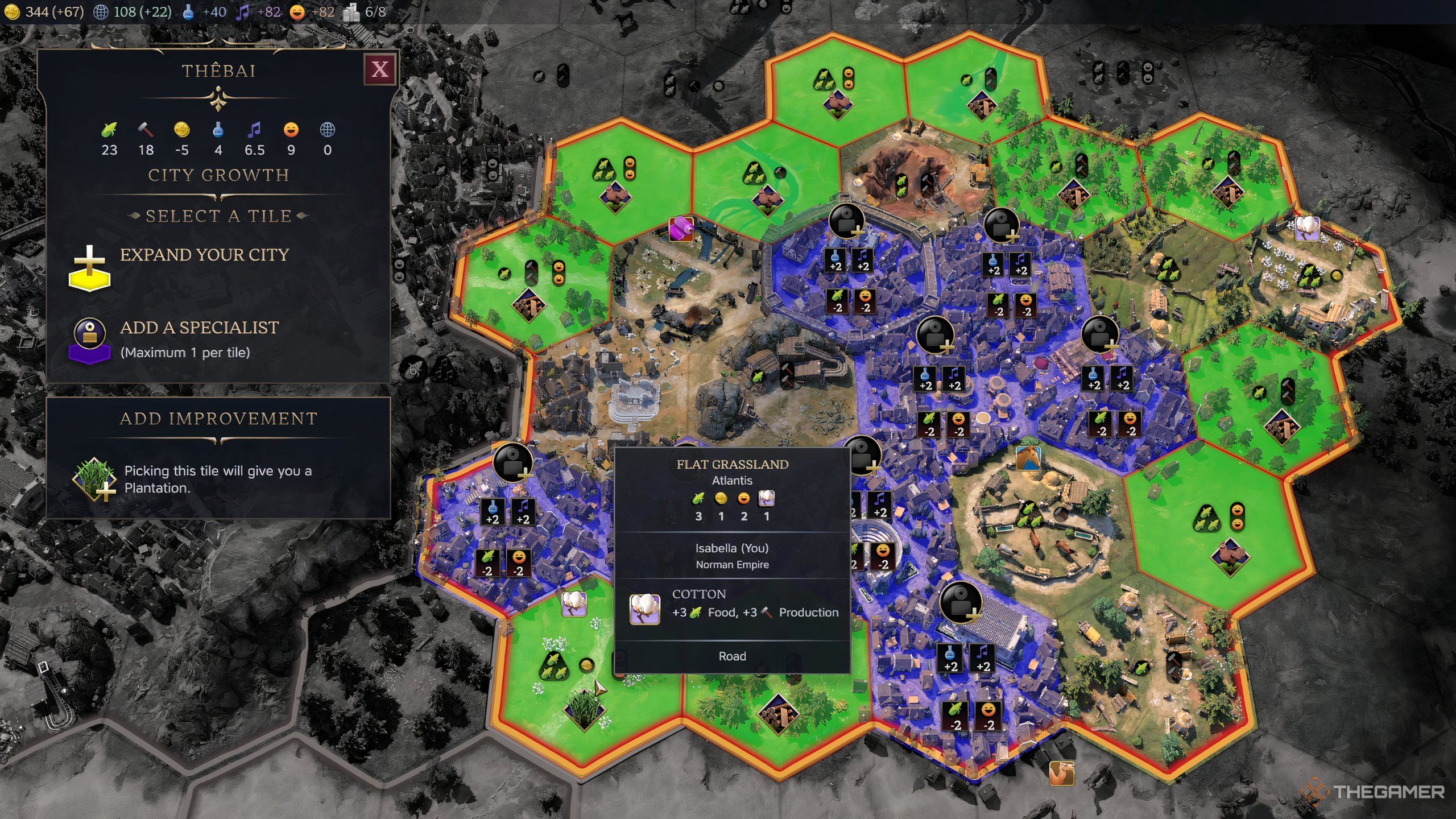 Various tile improvements surrounding a city in Civilization 7. 