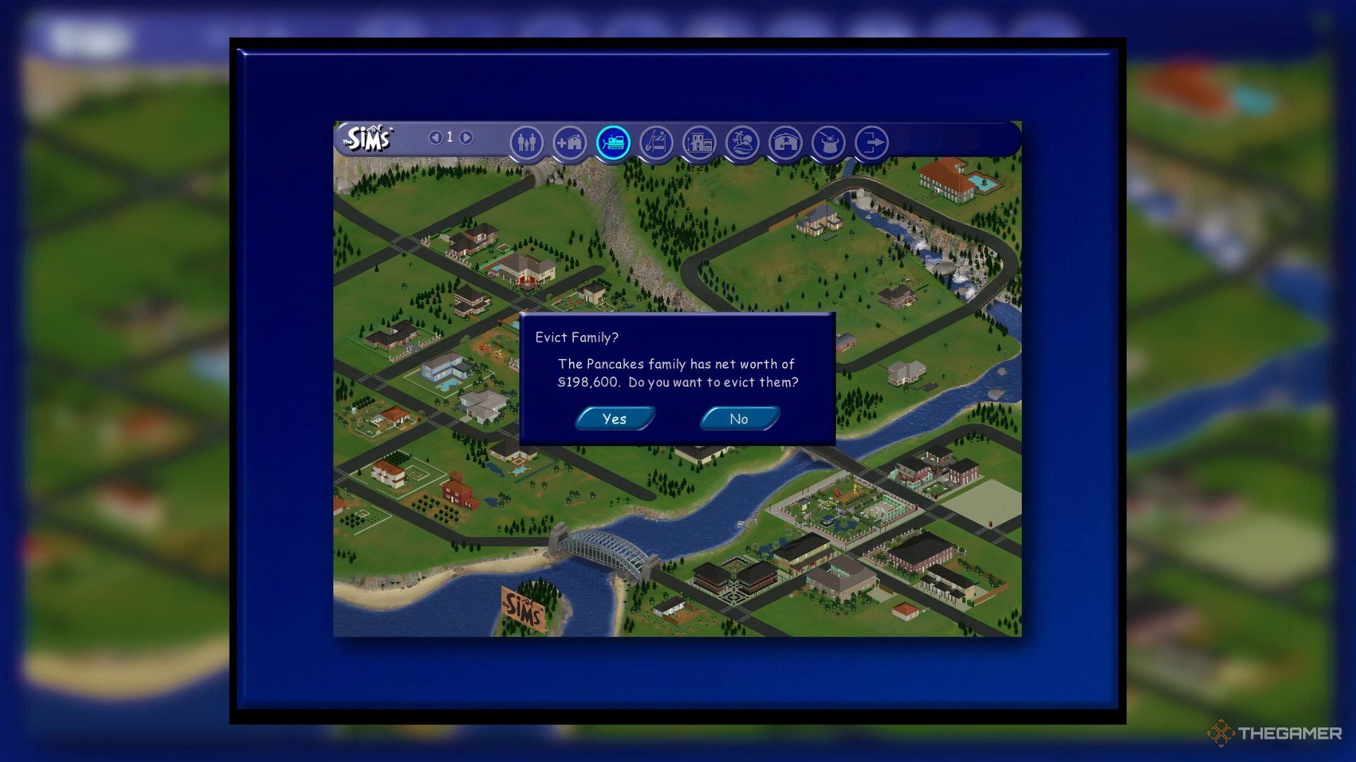 The evict family pop-up screen from The Sims saying The Pancakes are going to be evicted.