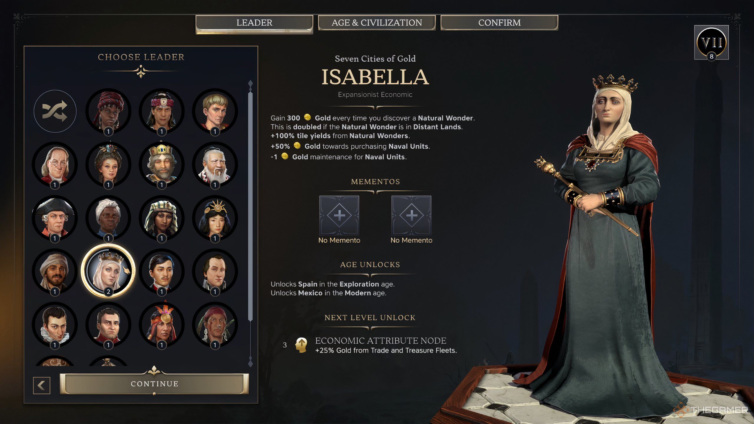 Isabella's leader attributes screen in Civilization 7. 