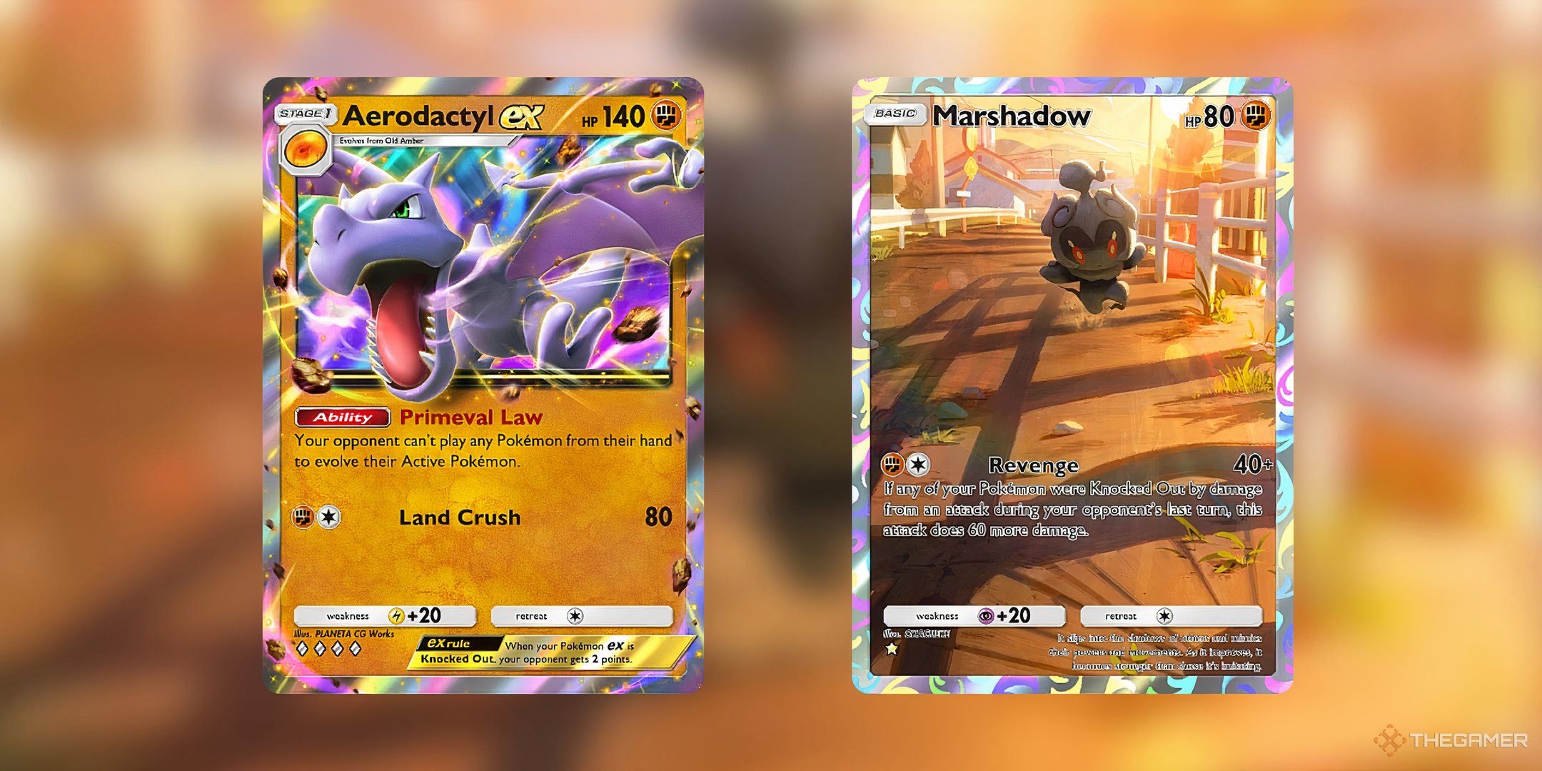 The Aereodactyl ex and Marshadow cards in Pokemon TCG Pocket.