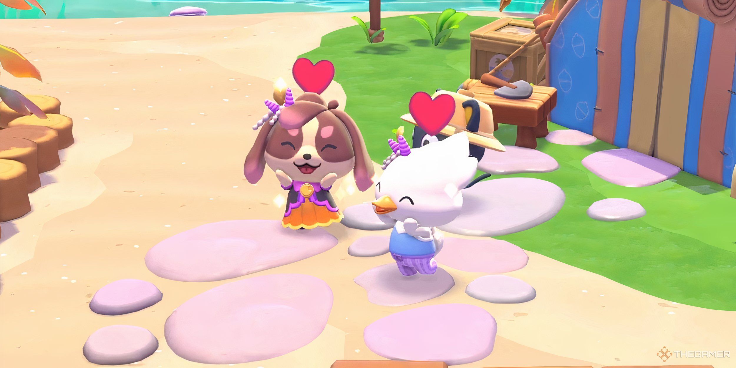 A duck and a dog avatar fawning over Chococat.