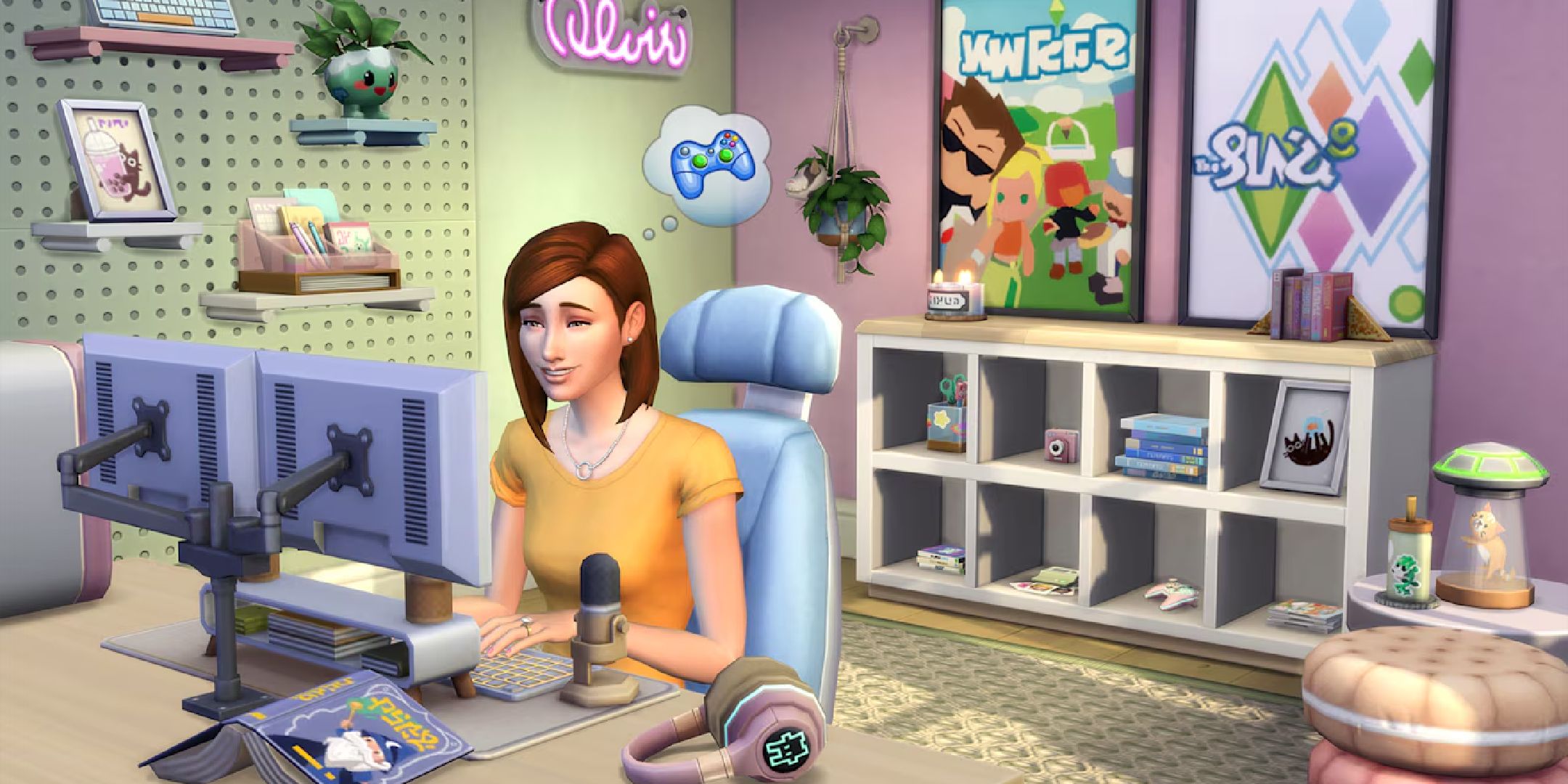 A sim sitting at the computer in a cozy room in The Sims 4.