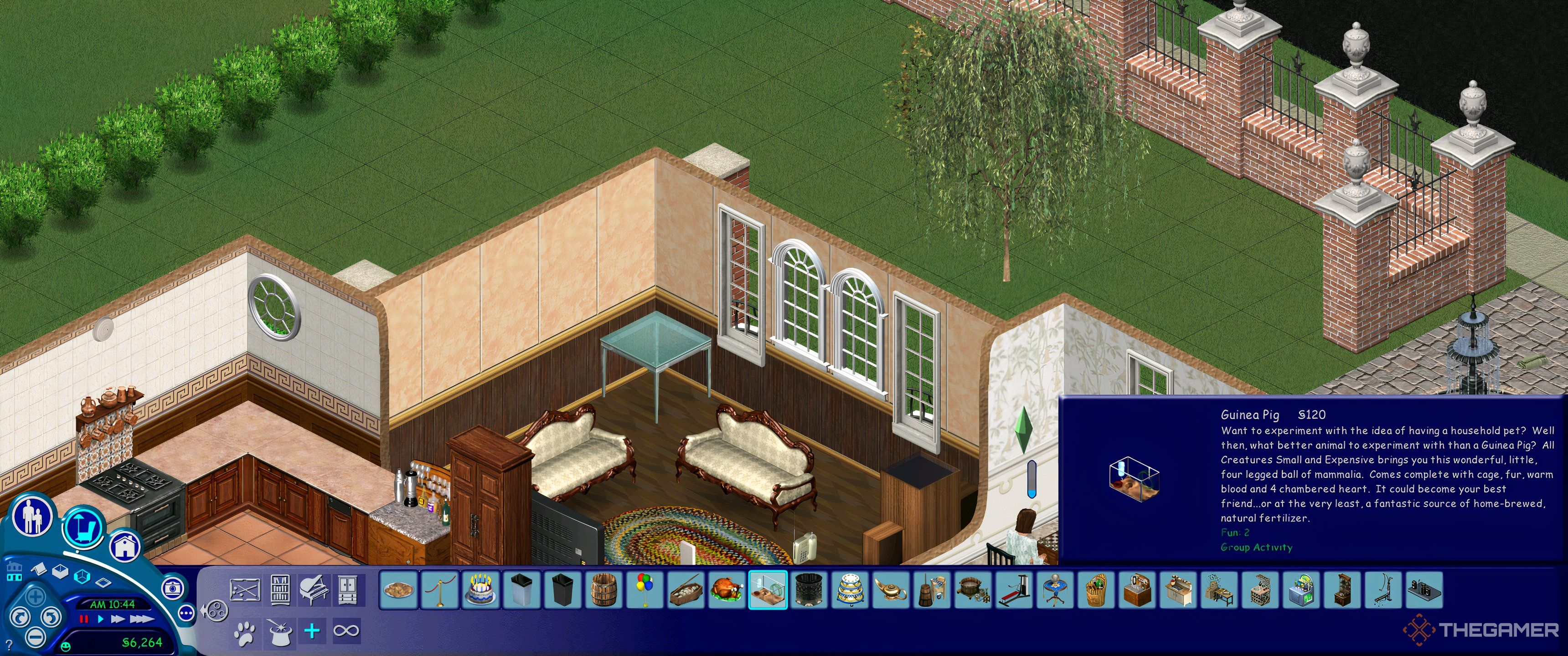 The Sims 1 lounge in buy mode showing the guinea pig in its cage.