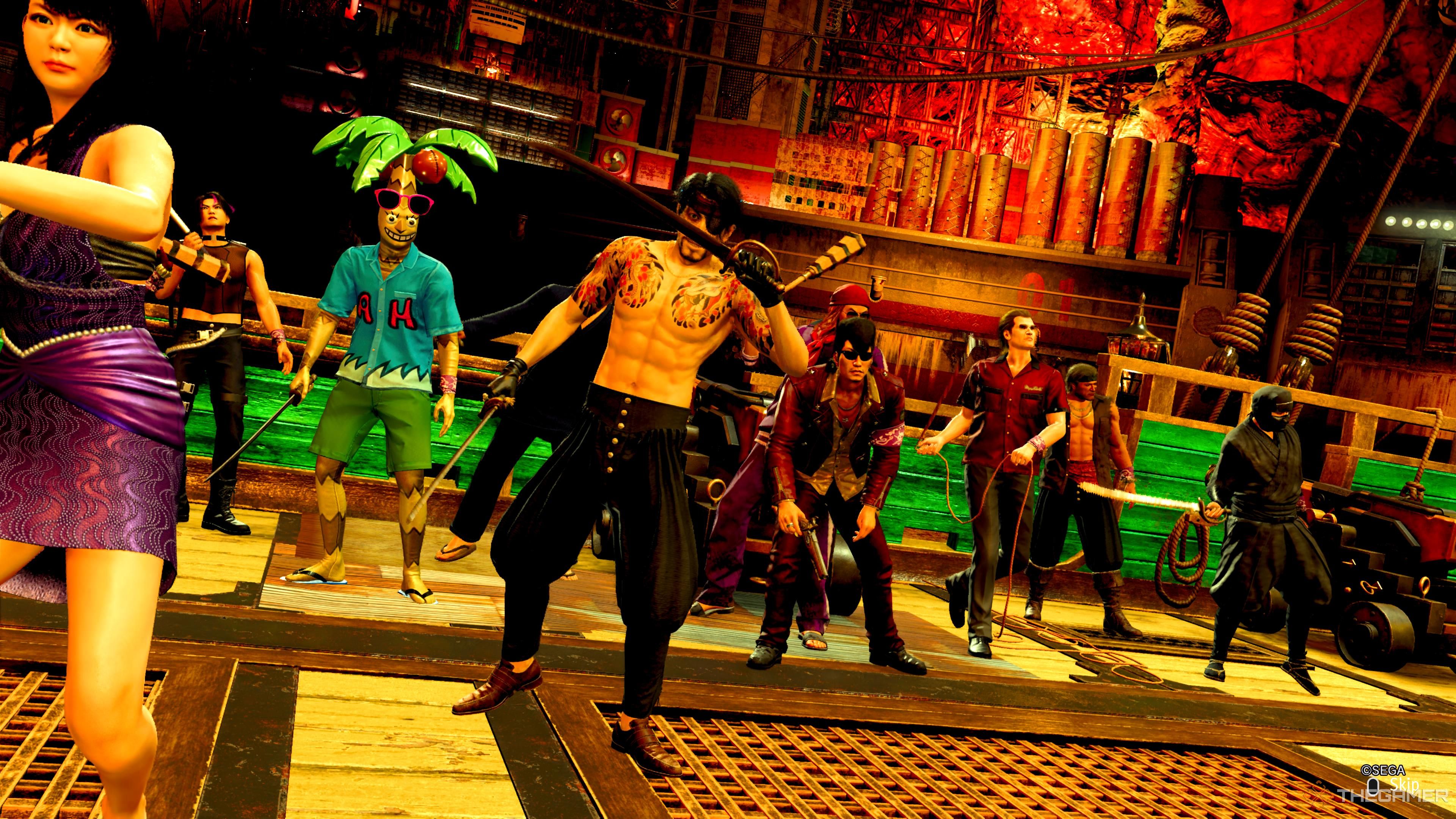 Majima leading an attack alongside the Honolulu recruits in Like A Dragon Pirate Yakuza in Hawaiii.