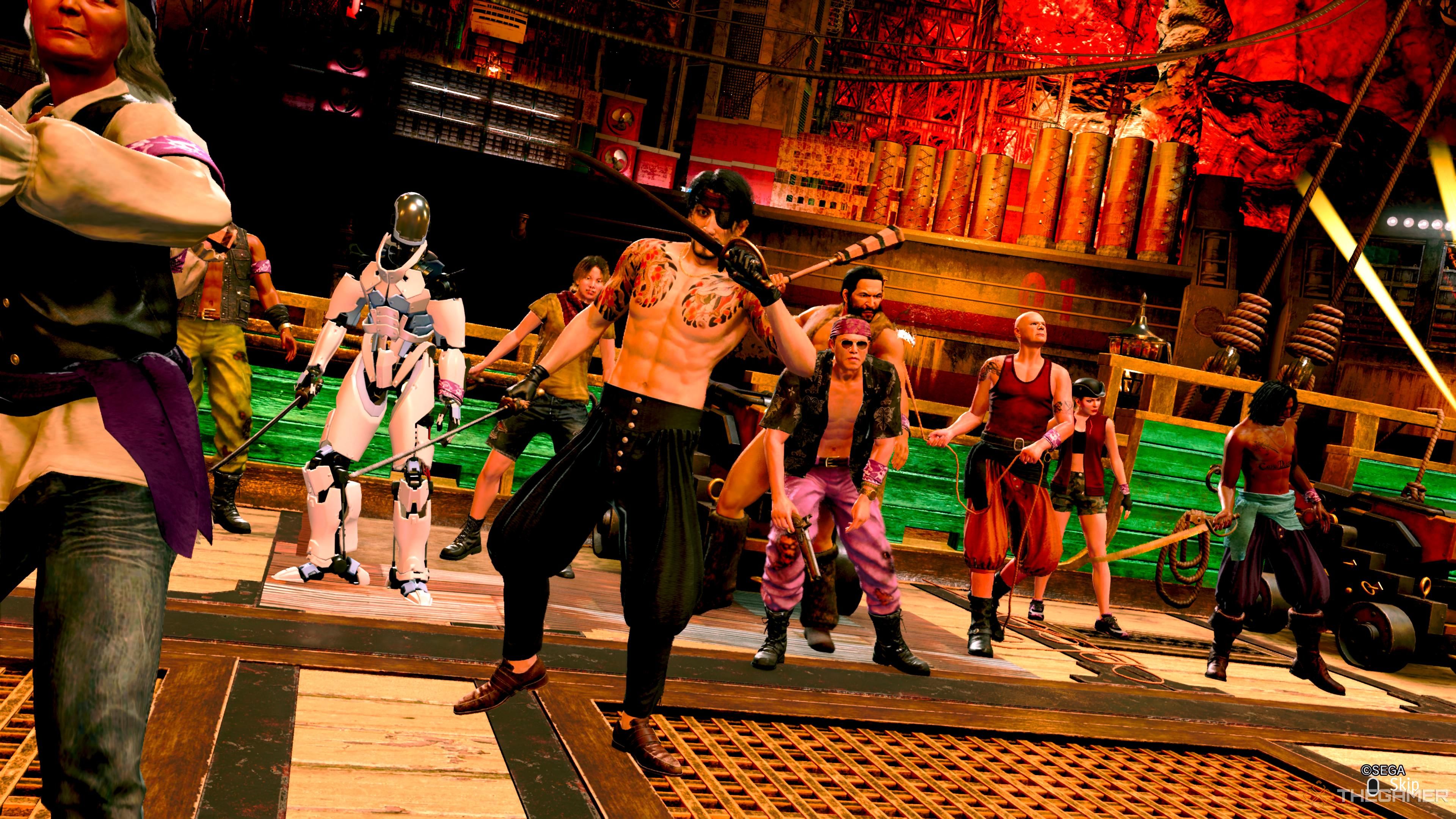 Majima leading an attack alongside the Madlantis recruits in Like A Dragon Pirate Yakuza in Hawaii.