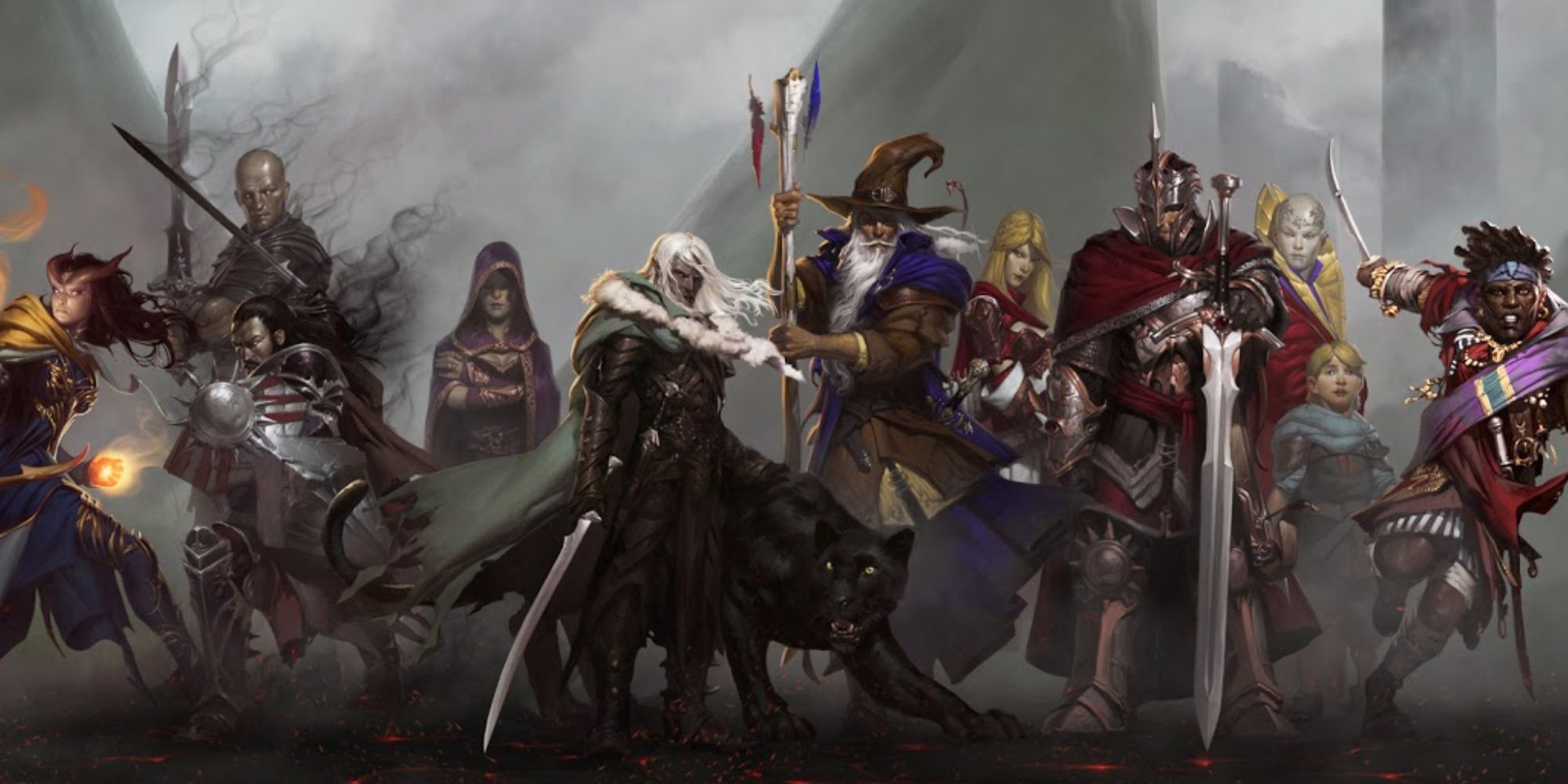 The Sundering Lineup by Tyler Jacobson featuring many different characters from dungeons & dragons like Drizzt Do'Urden, fighters, a sorcerer, a tiefling mage, and many adventurers.