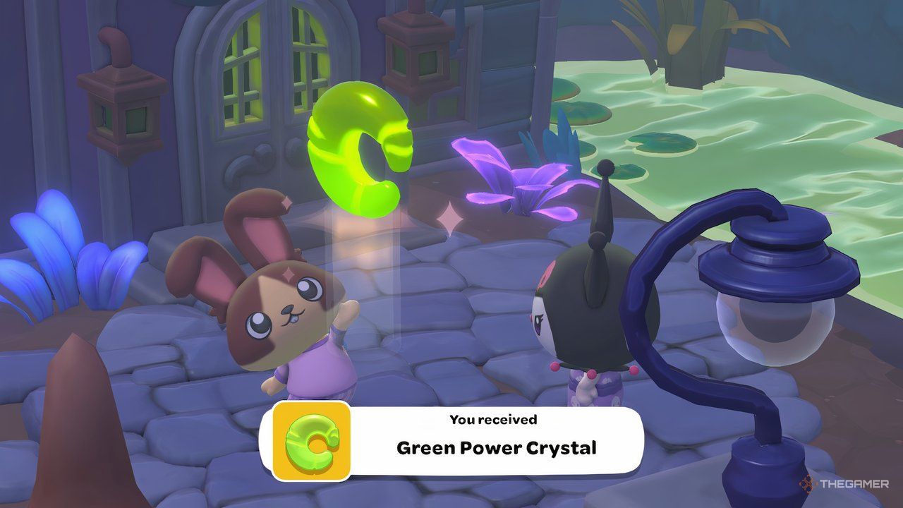 Player avatar holding up a Green Power Crystal near Kuromi after exiting the mansion in Hello Kitty Island Adventure.