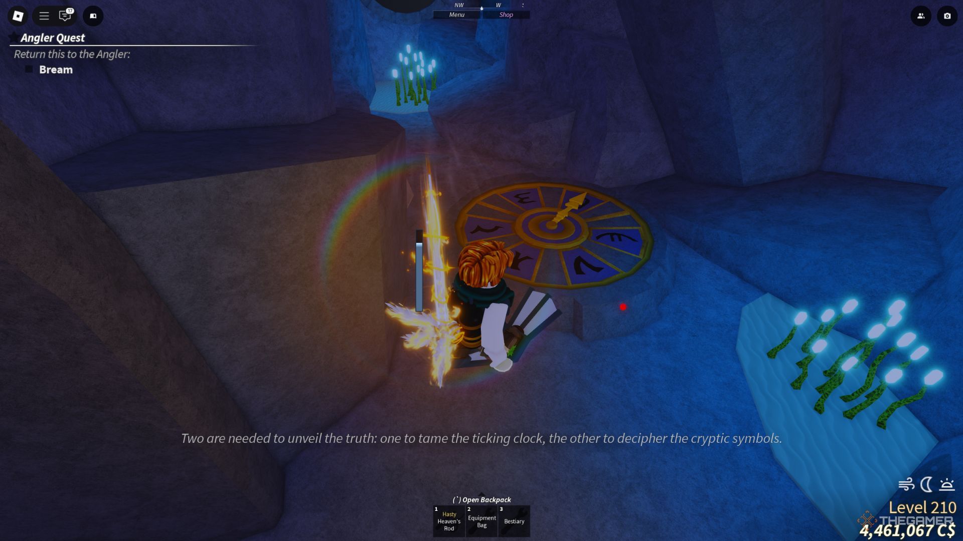 The player character shows the clock in the Ethereal Abyss trial location in the Atlantis area in Fisch